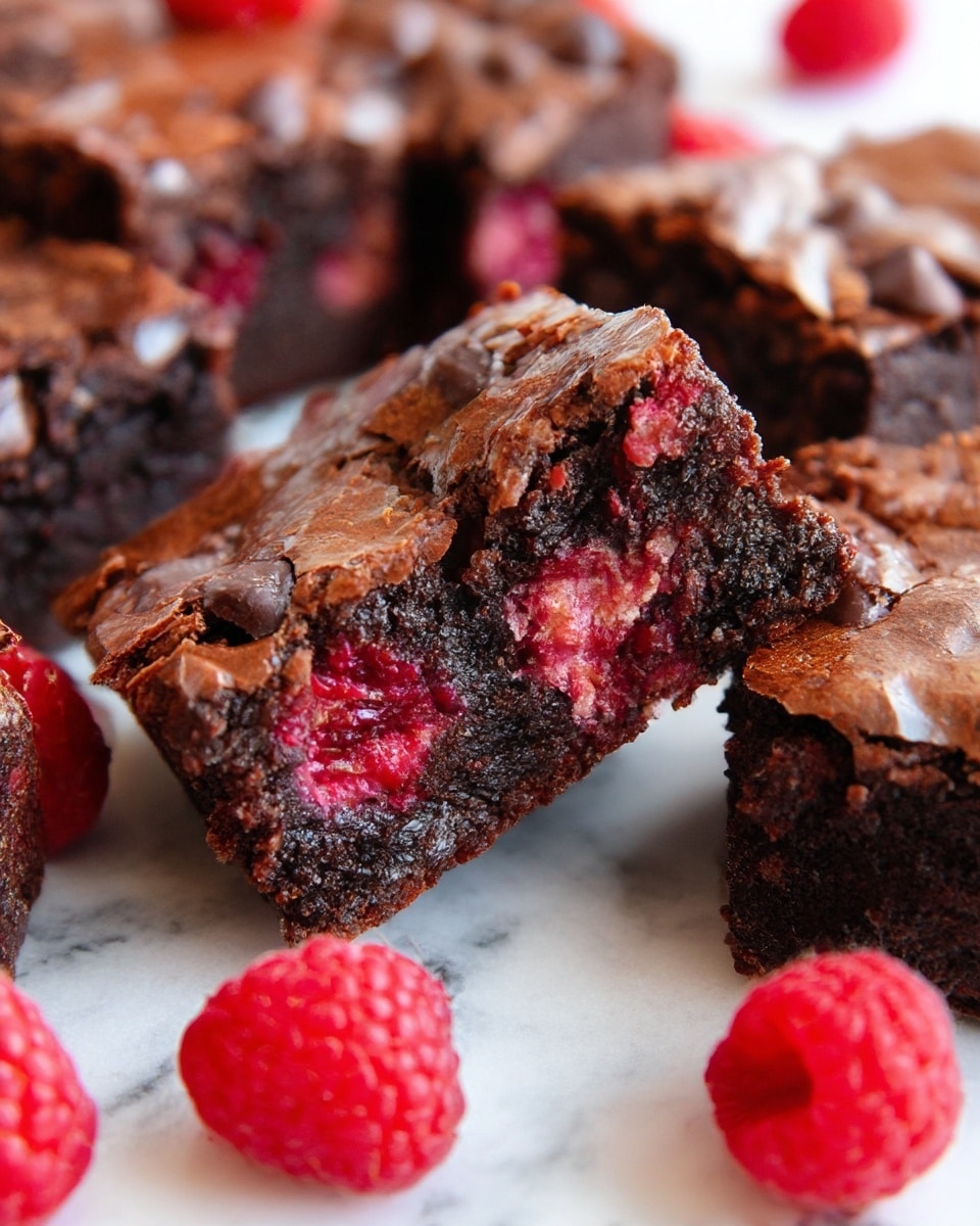 The image shows close-up pieces of rich chocolate brownies with visible chunks of red raspberries inside the soft and moist texture. The brownies have a slightly cracked, glossy top layer and are cut into irregular squares and rectangles, placed on a white marbled surface. Bright red fresh raspberries are scattered around the brownies, adding a pop of color and freshness to the dark brown dessert. Photo taken with an iphone --ar 4:5 --v 7