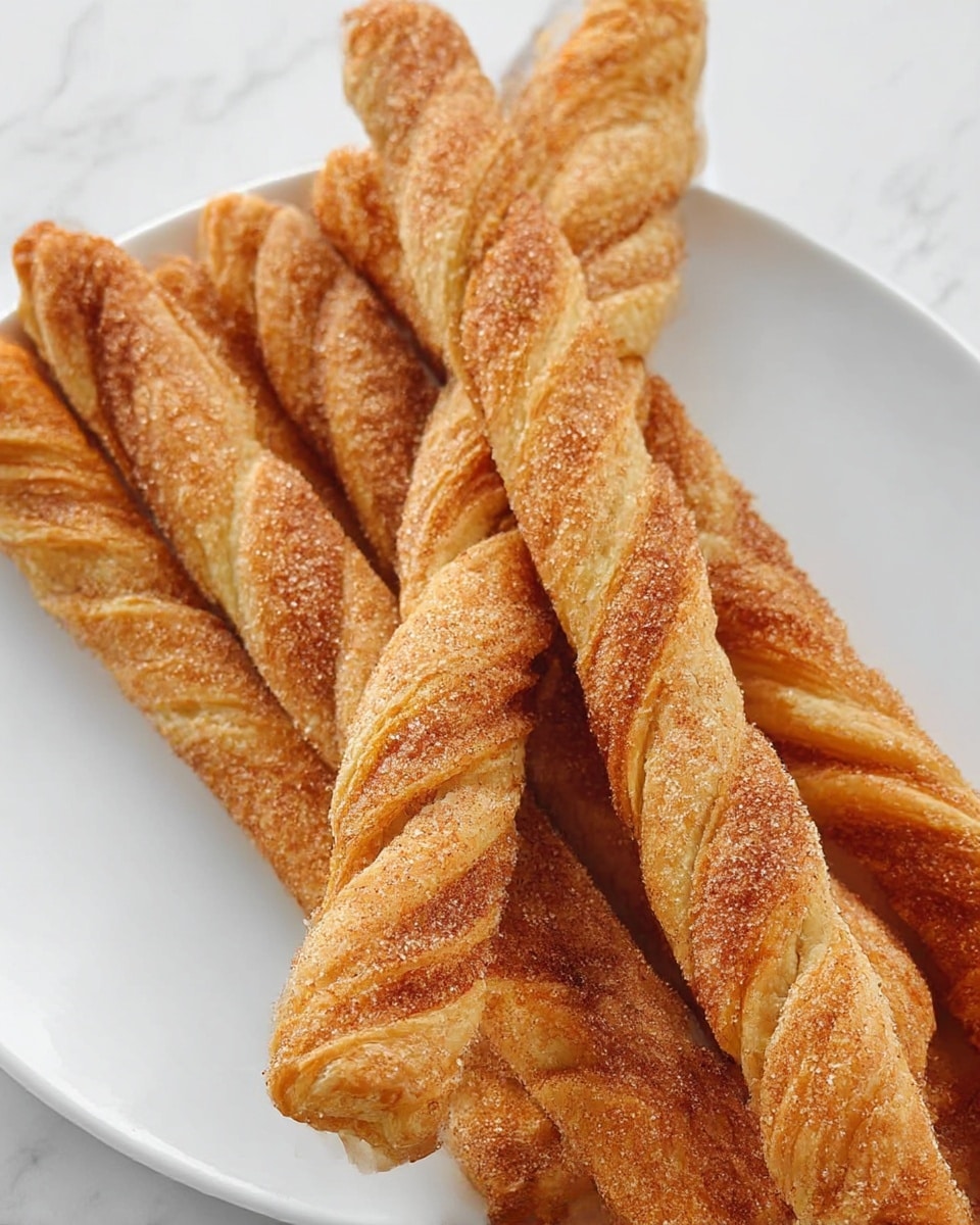 A white plate holds seven golden-brown twisted pastry sticks, each about the same size, arranged closely together. They have a flaky texture with cinnamon sugar sprinkled evenly on the surface, giving a slightly grainy and sweet look. The pastry twists show clear ridges and a light, airy dough with darker cinnamon layers spiraled throughout. The background is a white marbled surface, enhancing the warm color of the pastries. photo taken with an iphone --ar 4:5 --v 7