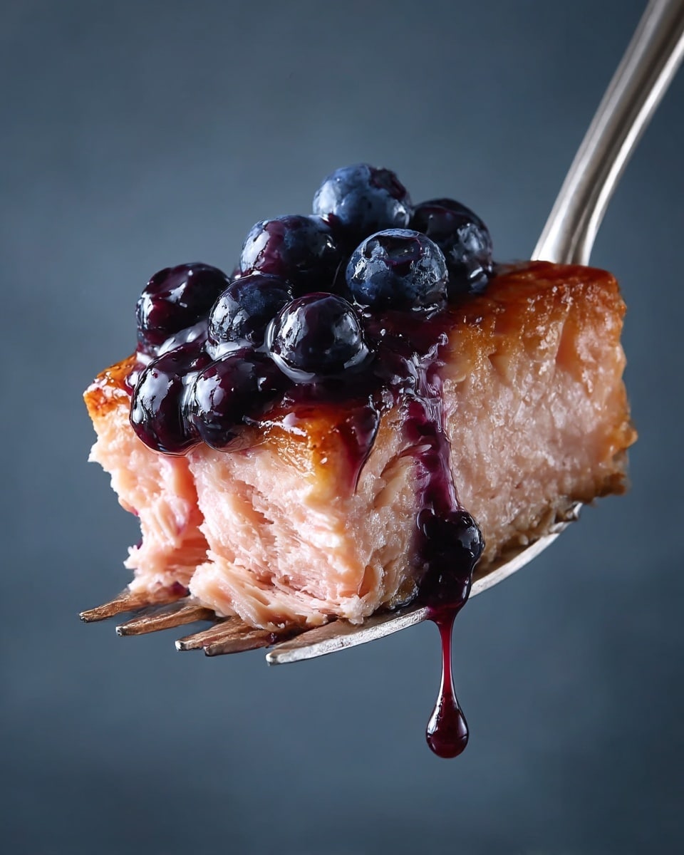 A close-up of a piece of cooked salmon on a silver fork, showing three layers: the bottom layer is light pink with a soft flaky texture, the middle layer is browned and slightly crispy, and the top layer is covered in dark purple blueberry sauce with whole fresh blueberries and a drop of the thick sauce dripping from the edge. The background is a smooth dark gray. Photo taken with an iphone --ar 4:5 --v 7