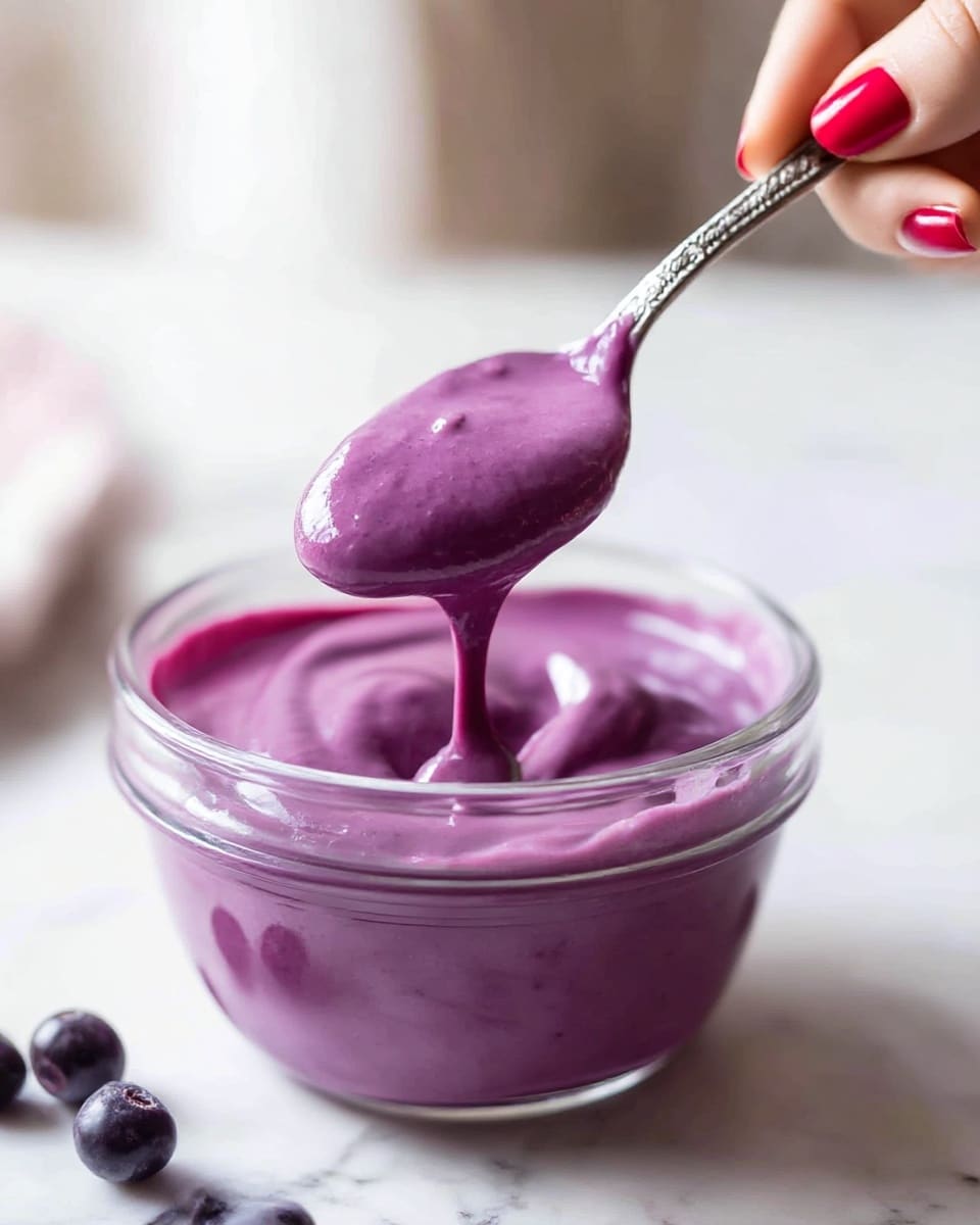 A clear glass bowl filled with thick, creamy purple yogurt or smoothie sits on a white marbled surface. A woman's hand with red nail polish is holding a silver spoon scooping the smooth, shiny purple mixture from the bowl, showing its thick texture as it slightly drips from the spoon. Around the bowl, a few scattered dark blueberries add subtle color contrast, and soft natural light brightens the scene. The background is softly blurred, keeping focus on the bowl and spoon. photo taken with an iphone --ar 4:5 --v 7