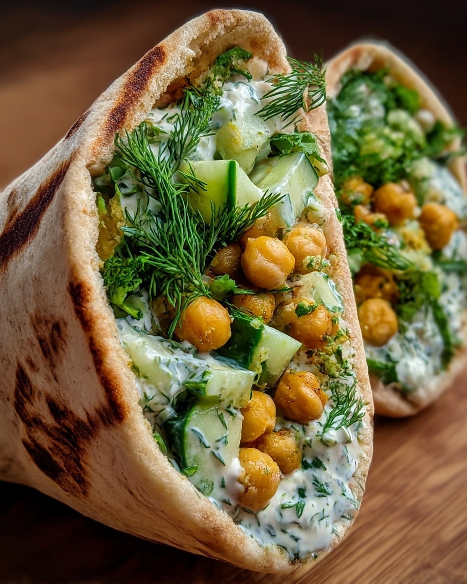 Two pita pockets filled with layers of fresh ingredients sit on a wooden surface. The outer layer is a soft, lightly toasted pita bread with brown grill marks. Inside, the first layer is a creamy white sauce with herbs, mixed with small green bits. On top of this, there are chunks of cucumber showing a mix of light and dark green colors, followed by golden roasted chickpeas scattered evenly. Bright green leafy herbs, including dill, add a fresh pop of color. The fillings are visible in a neat pile inside each pocket, creating a fresh and vibrant look. photo taken with an iphone --ar 4:5 --v 7