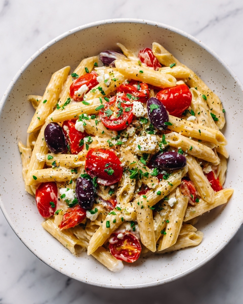 A bowl filled with penne pasta coated in a light creamy sauce, mixed with halved bright red cherry tomatoes, sliced dark purple olives, and small chunks of white feta cheese scattered on top. Fresh green herbs and black pepper are sprinkled evenly over the dish, giving it color and texture. The bowl is white with small speckles, sitting on a surface with a white marbled texture. Photo taken with an iphone --ar 4:5 --v 7
