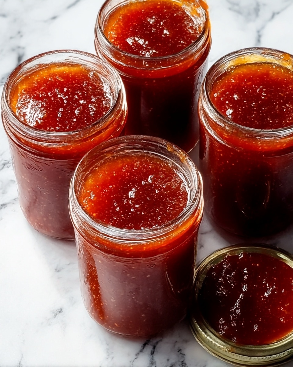 A close-up of a glass jar filled with thick, dark red-orange jam showing a glossy and slightly chunky texture. The spoon above the jar holds a scoop of the jam, glistening with a wet shine, with bits of fruit visible in the jam. The jar rim is coated with a light layer of sticky jam, adding to the fresh feel. The background is softly blurred with a white marbled texture underneath. photo taken with an iphone --ar 4:5 --v 7