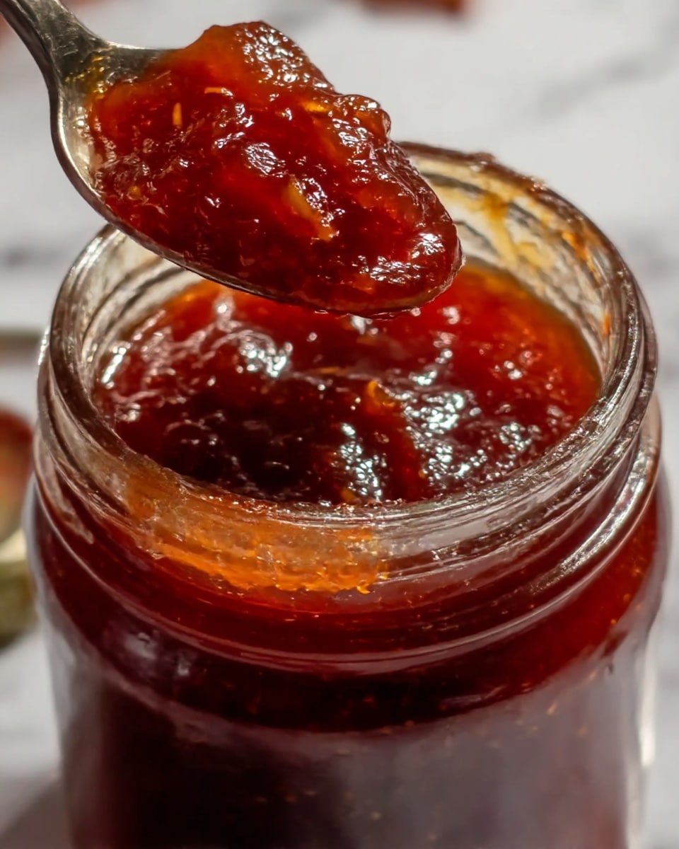 Four glass jars filled with thick, shiny, amber-red jam are placed closely together on a white marbled surface, with a fifth jar lid lying nearby, also covered with the same jam. The jam inside the jars has a textured surface with small bubbles reflecting light, giving it a glossy, sticky look. The jars are open from the top, showing their full jam contents. photo taken with an iphone --ar 4:5 --v 7