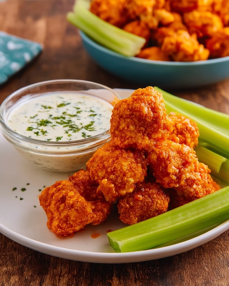 A turquoise plate holds a serving of bright orange crispy chicken pieces arranged on the right side, with fresh green celery sticks neatly lined up on the top left. In the center bottom of the plate is a small glass bowl filled with white dipping sauce sprinkled with green herbs. Two woman's hands are holding the plate on both sides. The plate is set on a wooden board, which is placed on a white marbled surface. Photo taken with an iphone --ar 4:5 --v 7