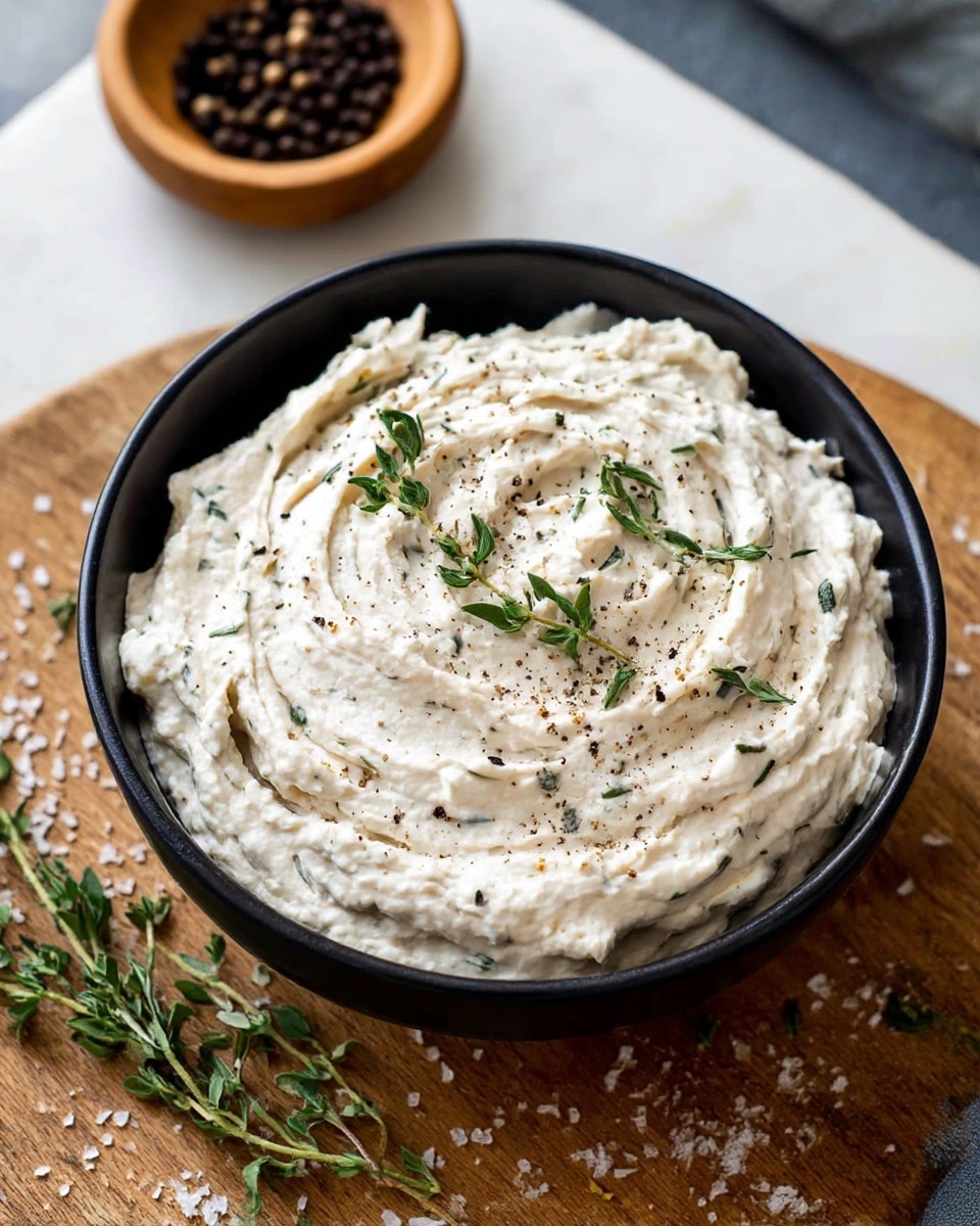 A close-up top view of a black bowl filled with a creamy spread that is off-white with small green herbs and specks of black pepper mixed in. The spread is swirled smoothly with a small scoop taken out from the center. To the left, there is a slice of toasted bread with the same creamy spread evenly spread on top, decorated with some small green herbs. On the right side, an old silver knife with a black handle rests on a wooden board, carrying a smear of the spread. The background surface is a white marbled texture. Photo taken with an iphone --ar 4:5 --v 7
