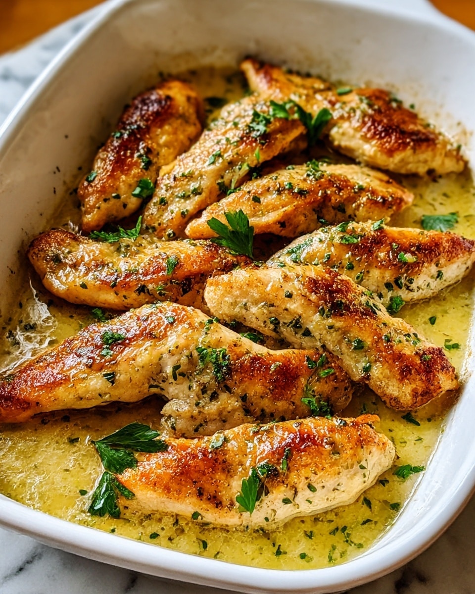 A white dish filled with two layers of golden-brown cooked chicken strips, each piece showing a crispy texture with browned spots and sprinkled with chopped green herbs. The chicken rests in a light yellow sauce mixed with tiny bits of green herbs, pooling at the bottom of the dish. The strips are placed in a slightly overlapping pattern, with the top layer casting soft shadows on the bottom layer. Small bits of fresh parsley are scattered on top, adding a fresh green contrast to the rich golden colors. The dish is set on a white marbled surface. photo taken with an iphone --ar 4:5 --v 7