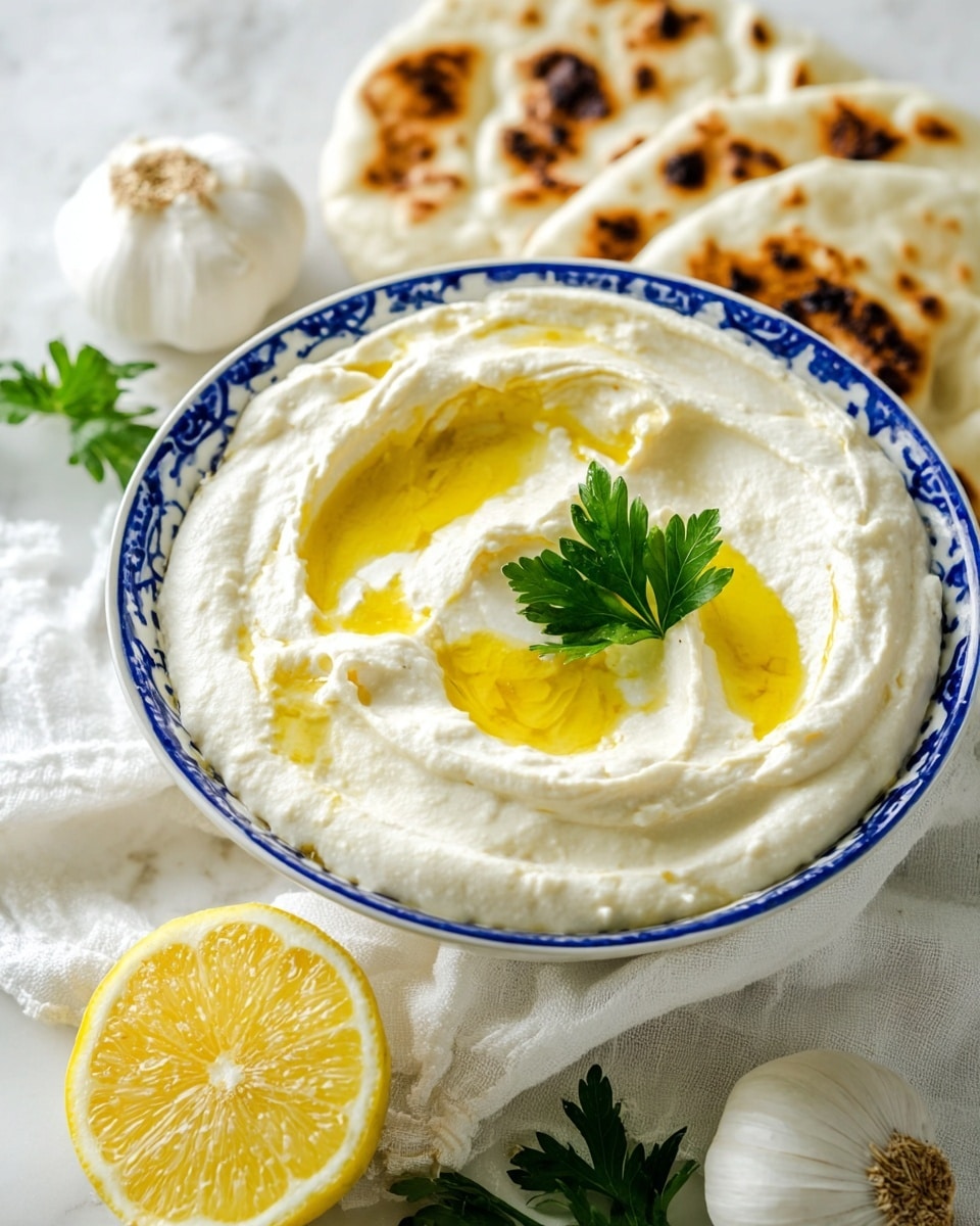 A close-up top view of a white creamy dip with a smooth and slightly fluffy texture fills a white bowl with blue patterns around the edge. The dip has small pools of golden yellow olive oil on top, with a single bright green parsley leaf laying flat near the edge. To the upper right of the bowl is half a bright yellow lemon, and the whole scene rests on a white marbled surface with a soft white cloth beneath part of the bowl. photo taken with an iphone --ar 4:5 --v 7