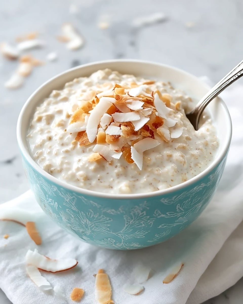 A white bowl with a light blue pattern is filled with creamy oatmeal, showing a soft, thick texture with small grains visible throughout. On top, there is a layer of golden toasted coconut flakes scattered neatly in the center, adding a crunchy texture and a mix of light brown and white colors. A silver spoon is inserted into the oatmeal from the right side, slightly sinking into the creamy mix. The bowl is placed on a white cloth with a few coconut flakes around it, set on a white marbled textured surface. Photo taken with an iphone --ar 4:5 --v 7