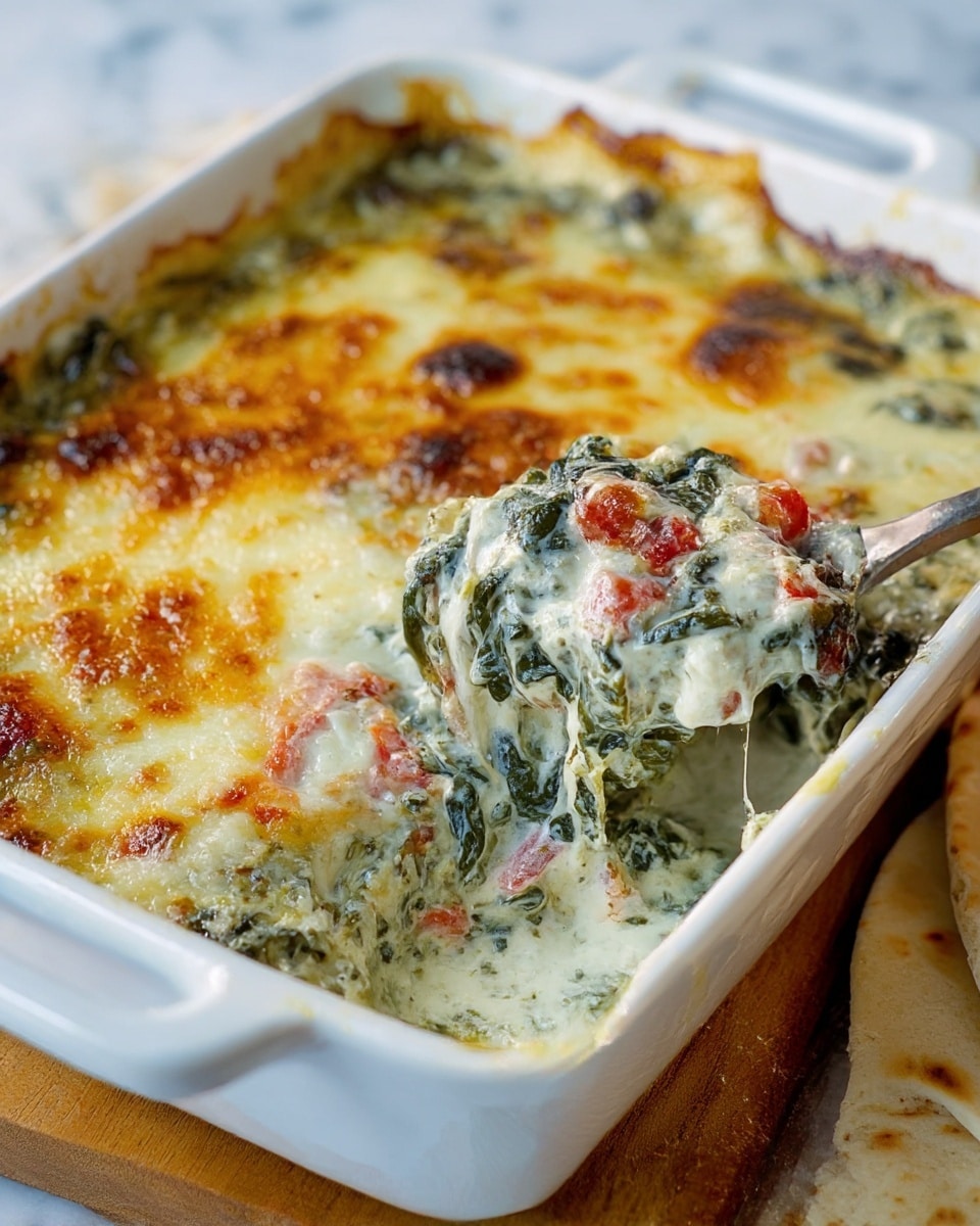 A creamy spinach dip is shown in a white rectangular baking dish with handles. The top layer is browned and bubbly melted cheese, golden in color with darker toasted spots. Beneath that, a thick creamy mixture of softly cooked spinach and bits of red tomato pieces mix with a smooth white sauce. The texture looks rich and gooey, with some leafy green spinach visible in the scoop taken out with a spoon from the side. The dish rests on a wooden surface with some flatbreads nearby, all set on a white marbled texture background. photo taken with an iphone --ar 4:5 --v 7
