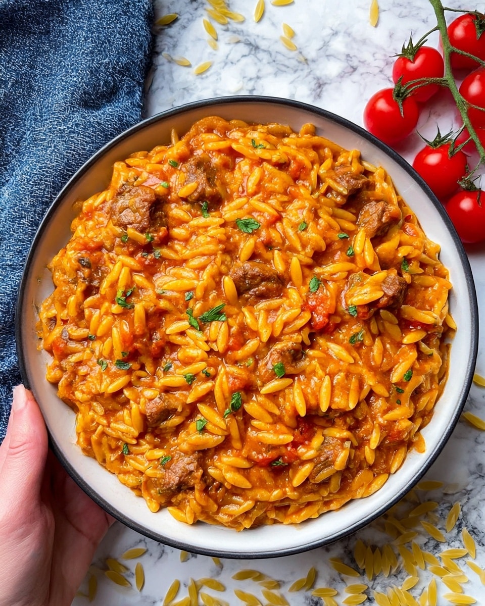 A close-up of a round white plate filled with a rich, thick mixture of orzo pasta in a bright orange tomato sauce, mixed with chunks of brown cooked meat and small pieces of green herbs sprinkled on top, all held by a woman's hand. The plate sits on a white marbled surface with scattered raw orzo pasta and a bunch of red cherry tomatoes on the vine in the background, next to a blue and white textured cloth. photo taken with an iphone --ar 4:5 --v 7