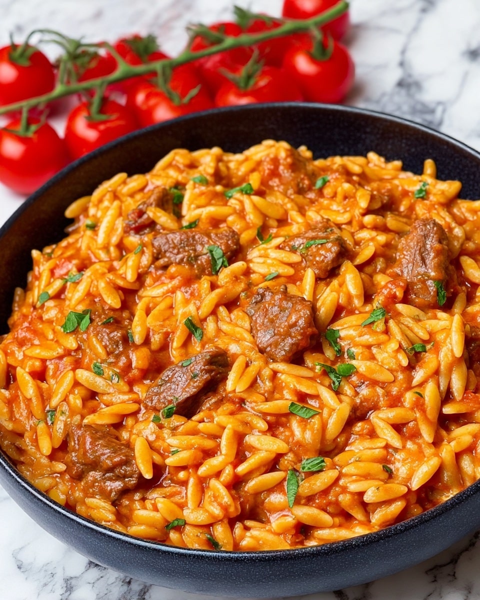 A close-up of a black bowl filled with one layer of creamy, orange-red tomato sauce mixed with small, tender pieces of beef and orzo pasta, the pasta showing a smooth and slightly glossy texture while the beef chunks are brown and soft-looking. Small pieces of green herb garnish are sprinkled evenly on top. The bowl sits on a white marbled surface with a bunch of bright red cherry tomatoes on the vine in the background. photo taken with an iphone --ar 4:5 --v 7