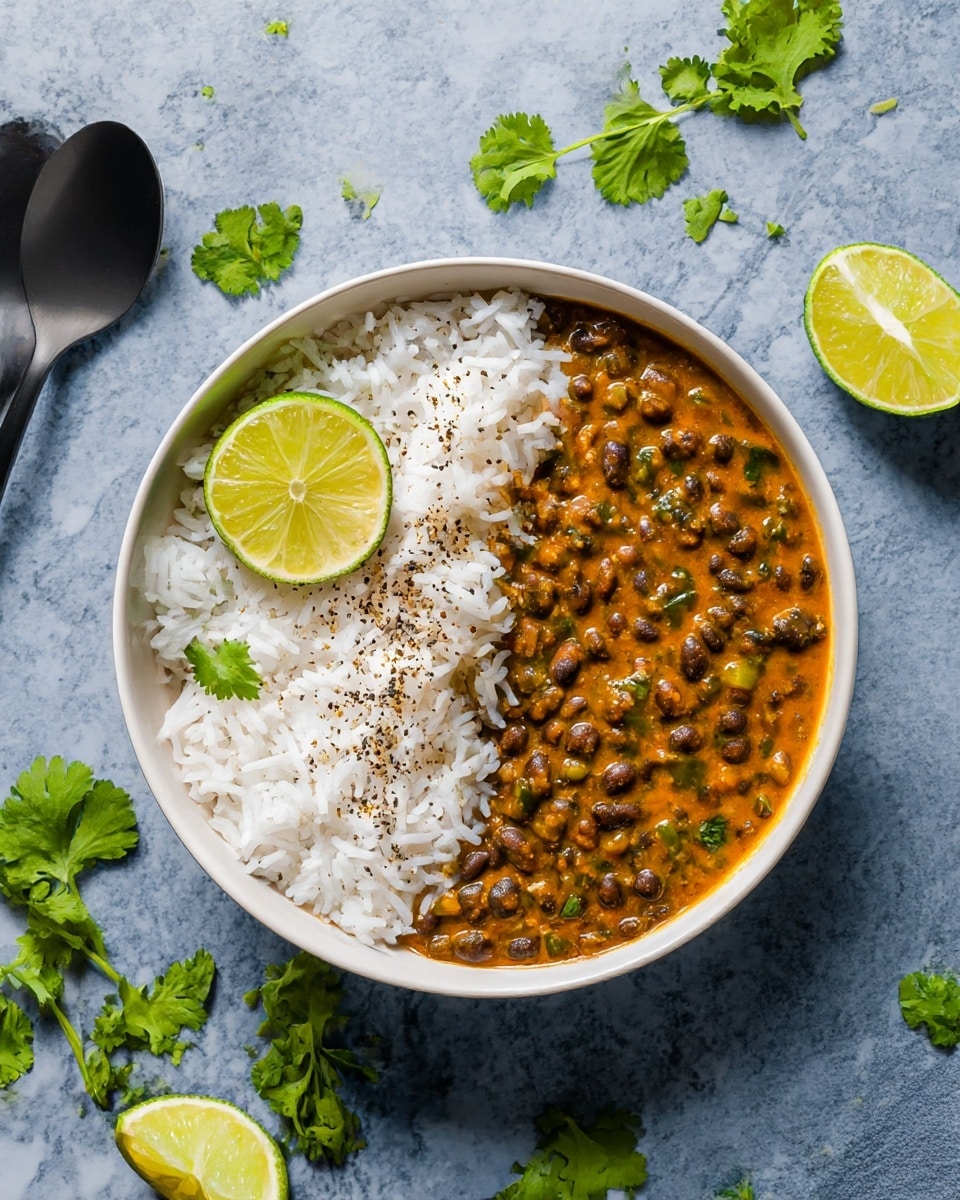 A white bowl holds a simple two-layer meal on a white marbled surface. On the left half, there is a pile of white rice topped with a sprinkle of black pepper and a single lime wedge. On the right half, there is a thick stew made of black beans in a rich, orange-brown sauce with small green herb pieces mixed in. Fresh green cilantro leaves garnish the rice, while more cilantro and lime wedges are scattered on the surface nearby. A black spoon and fork lie next to the bowl. photo taken with an iphone --ar 4:5 --v 7