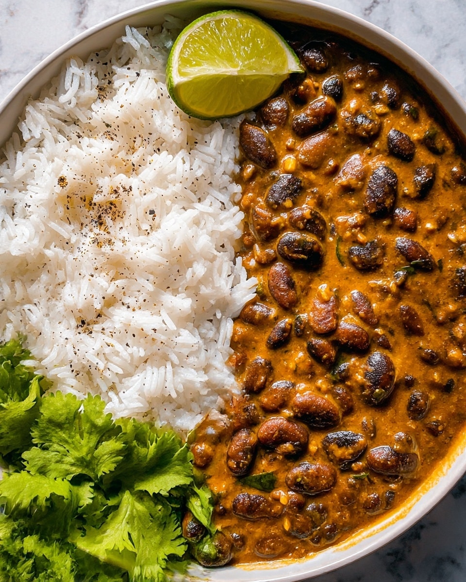 A close-up of a white bowl filled with two main layers: on the left, fluffy white rice with individual grains visible, slightly speckled with black pepper, and on top left corner, a wedge of green lime resting on the rice; on the right, thick, creamy brown bean curry with whole dark brown beans and small pieces of green herbs mixed in, creating a rich texture. Fresh bright green cilantro leaves are placed at the bottom left edge of the bowl. The bowl sits on a white marbled surface with a soft light coming from the top side. Photo taken with an iphone --ar 4:5 --v 7