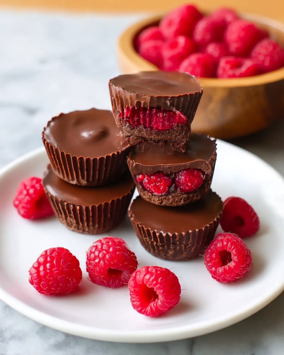 A stack of three chocolate-covered raspberry treats sits in the center, each treat having a smooth, shiny dark brown chocolate top and bottom layer with a bright red raspberry layer in the middle that shows through the paper cup sides. On top of the stack, one fresh raspberry is placed, showing its bumpy texture and deep red color. Around the stack, several loose raspberries are scattered on a brown wooden board. In the background, a white plate with two more chocolate raspberry treats and two loose raspberries sits slightly blurred, and to the left, there is a wooden bowl filled with more fresh raspberries. The photo is taken with an iphone --ar 4:5 --v 7