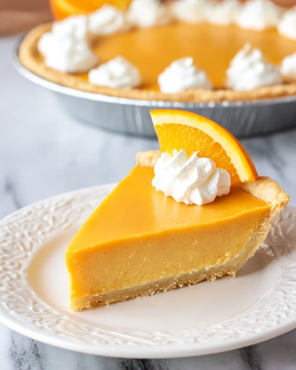 This image shows a slice of orange pie on a white plate with an embossed pattern. The pie has three layers: a light golden-brown crust at the bottom, a thick smooth orange filling in the middle, and a dollop of white whipped cream on top. A thin orange wedge is placed next to the whipped cream on the slice. In the background, the whole pie with the same orange filling and whipped cream dollops around the edges can be seen in a silver pie tin, all set on a white marbled surface. photo taken with an iphone --ar 4:5 --v 7