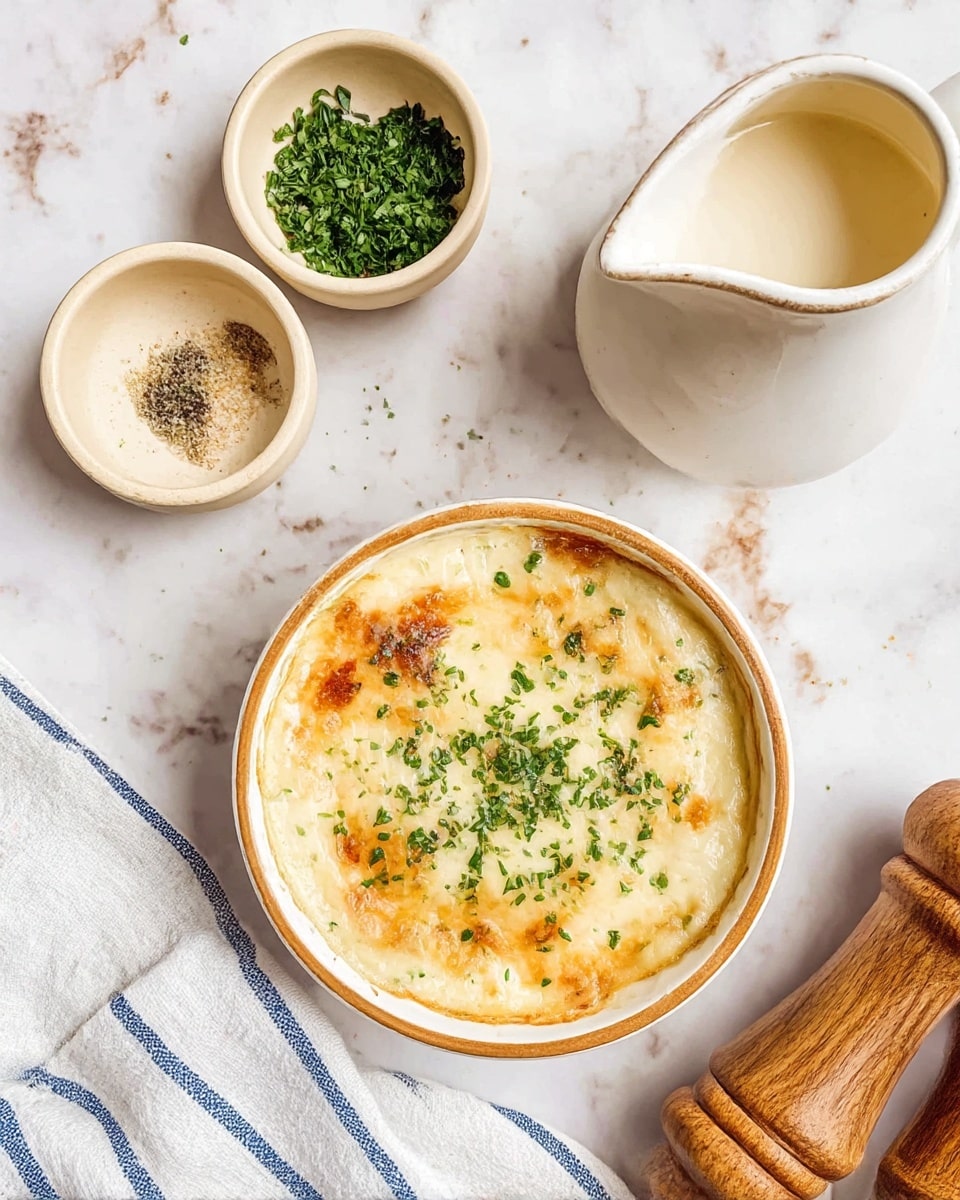 A single round white bowl with a light brown rim, filled with a creamy baked dish showing a golden, slightly browned melted cheese layer on top, sprinkled with small chopped green herbs; the edges of the dish are lightly browned and bubbly. Surrounding the bowl on a white marbled surface are two small beige bowls, one with chopped green herbs and the other with a granular topping, a white ceramic sauce pitcher with a spout filled with a pale creamy liquid, a white cloth with blue stripes, and two wooden pepper and salt grinders lying next to each other. The colors are soft, natural, and warm, creating a cozy and fresh feel. photo taken with an iphone --ar 4:5 --v 7