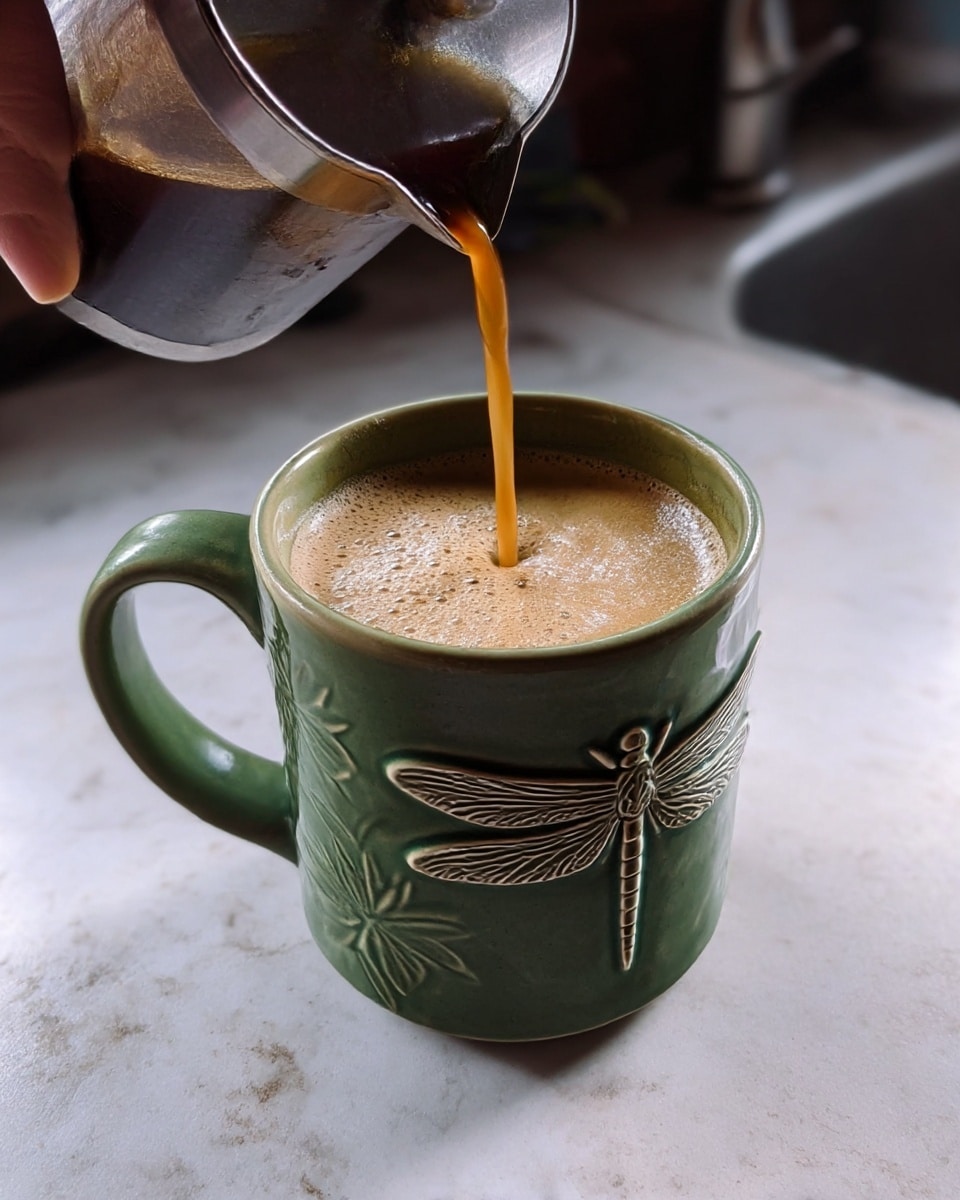 A close-up view of dark brown coffee with light foam being poured from a metal container into a thick green ceramic mug decorated with a raised dragonfly design. The mug sits on a surface with a white marbled texture, and the scene shows a woman's hand holding the container. The coffee fills the single visible layer of the mug, creating a smooth, creamy top. The background is softly blurred, showing hints of a sink area. photo taken with an iphone --ar 4:5 --v 7