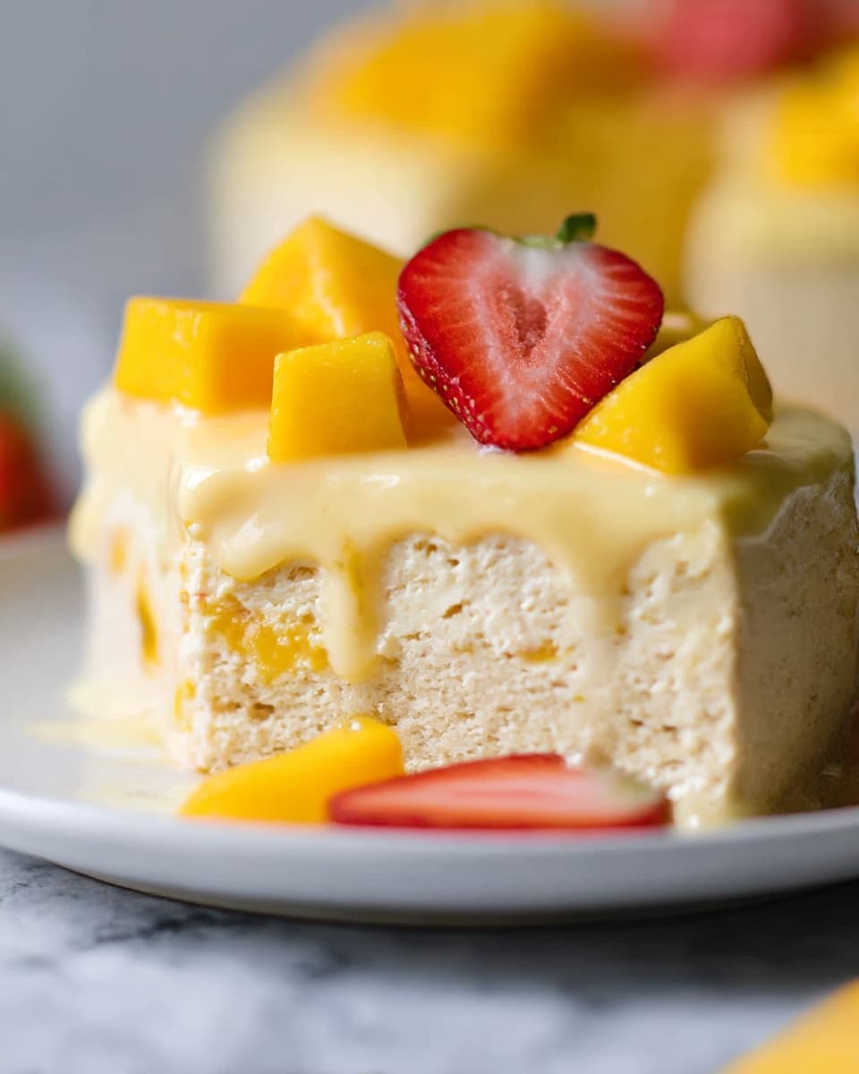 A close-up image of a creamy two-layer dessert on a white plate placed on a white marbled surface, with the bottom layer being a dense, light beige cake with a slightly crumbly texture, topped by a thick, smooth, pale yellow custard layer that drips slightly over the edges; scattered on top are bright yellow mango chunks and a halved red strawberry with visible seeds, adding color contrast. Photo taken with an iphone --ar 4:5 --v 7