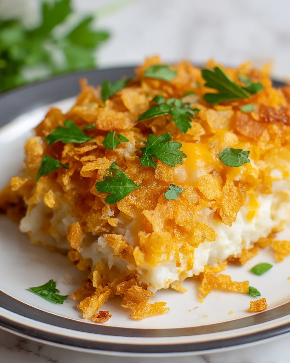 The dish shows a close-up of a textured casserole piece on a white plate with a dark gray rim, placed on a white marbled surface. It has three main layers: the bottom layer is a soft, white mashed potato base, topped with a crispy golden layer of crushed cornflakes or similar crunchy crumbs, mixed with bits of melted cheese visible in pale yellow and white patches. Scattered fresh green parsley leaves add contrast and freshness on the top. The casserole has a rough, uneven surface showing the crispiness and softness in one bite, with small crumbs around it. Photo taken with an iphone --ar 4:5 --v 7
