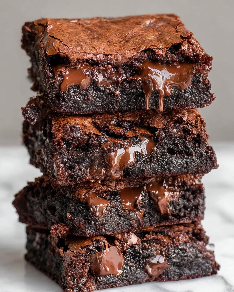 A close-up view of a tall stack of four thick, rich chocolate brownies placed one on top of the other. Each brownie layer is dark brown with a moist, gooey texture inside, oozing melted milk chocolate chunks that create shiny, smooth pockets throughout. The top layer has a cracked, slightly crusty surface in a matte dark brown shade, contrasting with the glossy, melted chocolate sections inside. The brownies look dense and fudgy with uneven edges showing the soft, melting chocolate clearly. The stack rests on a white marbled surface. photo taken with an iphone --ar 4:5 --v 7