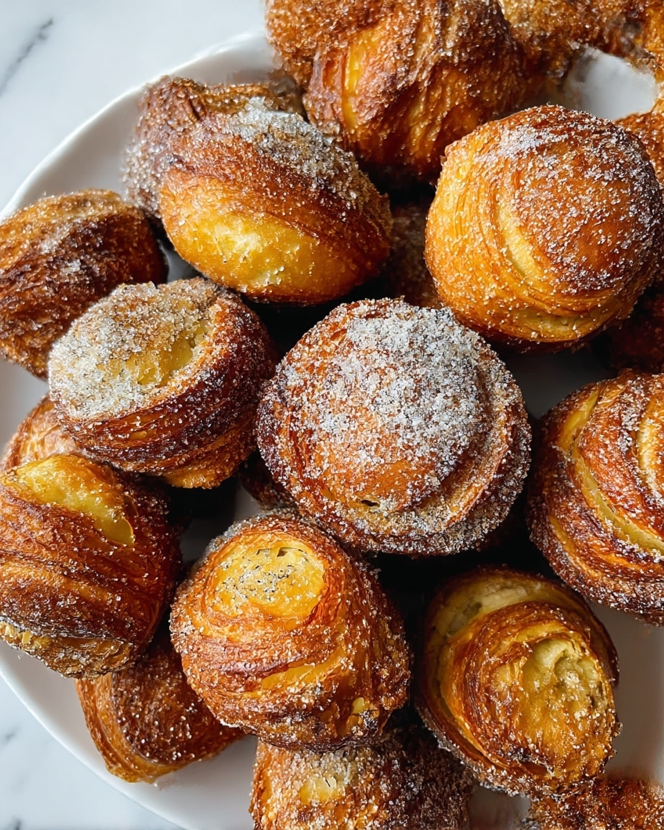 The image shows a close-up of many small, round pastries tightly packed together on a white plate. Each pastry has multiple swirled layers with golden brown and darker toasted tones, giving them a crispy and flaky texture. The surfaces of the pastries are dusted unevenly with fine granulated sugar, adding a light sparkling effect. Some parts of the pastries display a slightly rough, crunchy crust while other areas appear soft and tender. The plate sits on a white marbled texture surface. photo taken with an iphone --ar 4:5 --v 7