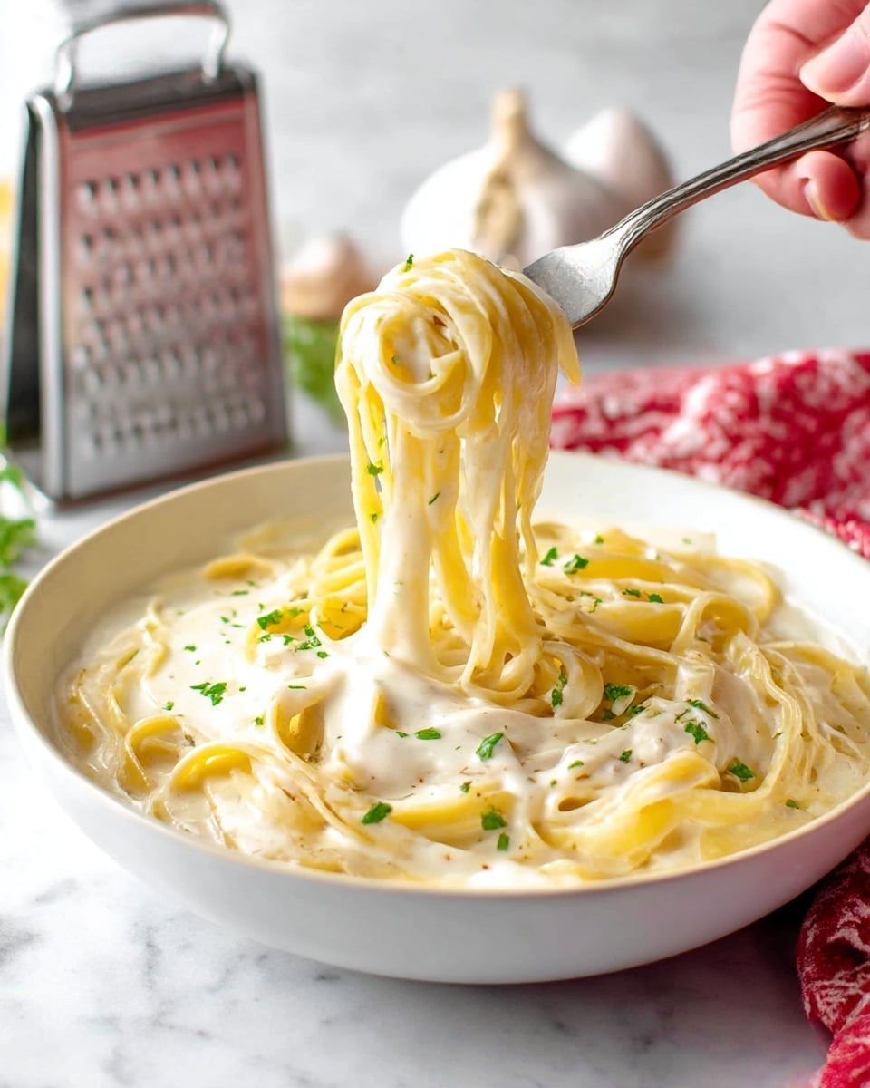 A close-up of a white shallow bowl filled with creamy fettuccine Alfredo pasta, featuring light yellow tender noodles coated in a smooth white sauce with small green parsley bits sprinkled on top. A woman's hand holds a silver fork twirling a bundle of noodles lifted from the bowl, showing the sauce’s thick and creamy texture that clings to the pasta. In the blurred white marbled background, a metal grater, garlic bulbs, and a red and white patterned cloth add subtle kitchen details. The lighting is bright and natural, enhancing the creamy sauce and fresh herbs. photo taken with an iphone --ar 4:5 --v 7