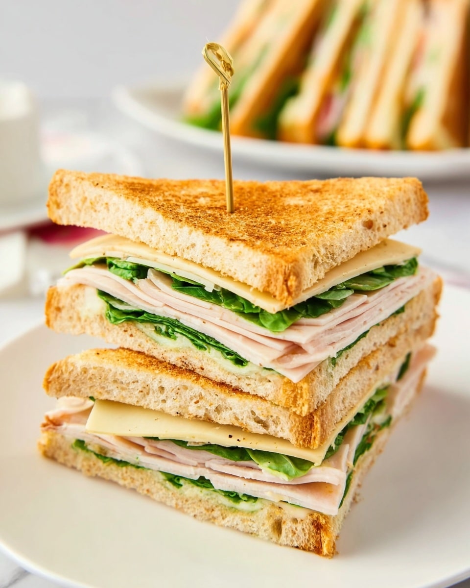 A sandwich cut into two stacked triangles showing three layers of golden-brown toasted bread. Each sandwich triangle has visible layers of green leafy spinach, thin slices of light pink turkey, and pale yellow cheese. The leaves add freshness between the layers, and the sandwich is held together by a toothpick. The sandwich is placed on a white marbled surface with a blurred white plate filled with more sandwiches in the background. Photo taken with an iphone --ar 4:5 --v 7
