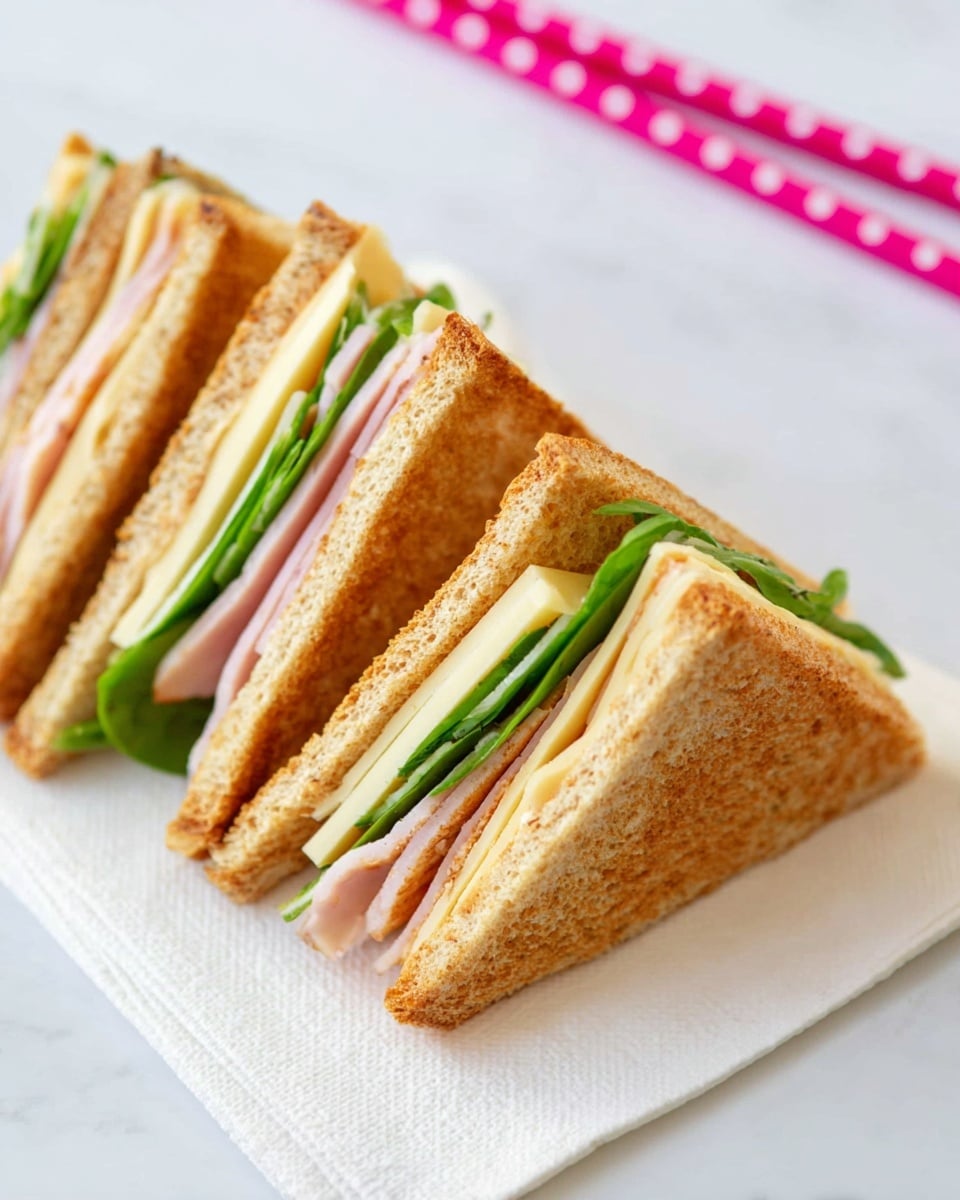 The image shows a close-up of four triangular sandwich pieces placed next to each other on a white napkin, all on a white marbled surface. Each sandwich has three layers of soft, light brown toasted bread with a slightly rough texture. Between the bread are fresh green leaves, a layer of light pink deli meat, and slices of pale yellow cheese, all stacked neatly. The sandwiches are arranged at an angle, showing the sides with all the layers clearly visible. In the background, there are two pink chopsticks with white polka dots slightly blurred. Photo taken with an iphone --ar 4:5 --v 7