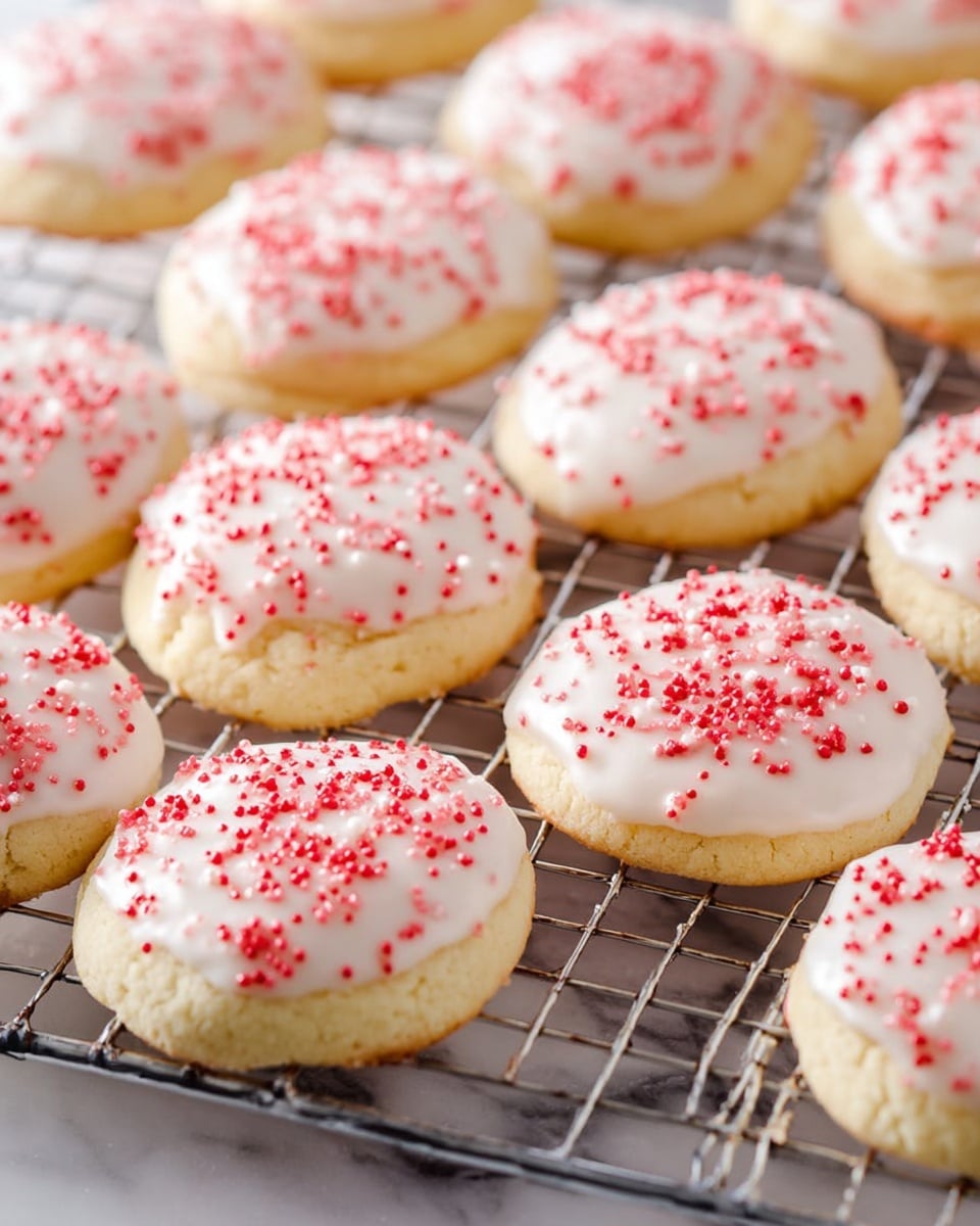 The image shows a group of round cookies arranged closely together on a metal wire cooling rack, which is placed on a white marbled surface. Each cookie has a thick, soft-looking base layer of light golden dough with a slightly cracked texture at the edges. On top, there is a smooth, shiny layer of white icing that spreads evenly across the surface, with small red sugar sprinkles scattered randomly over the icing, adding a pop of color and texture. Photo taken with an iphone --ar 4:5 --v 7