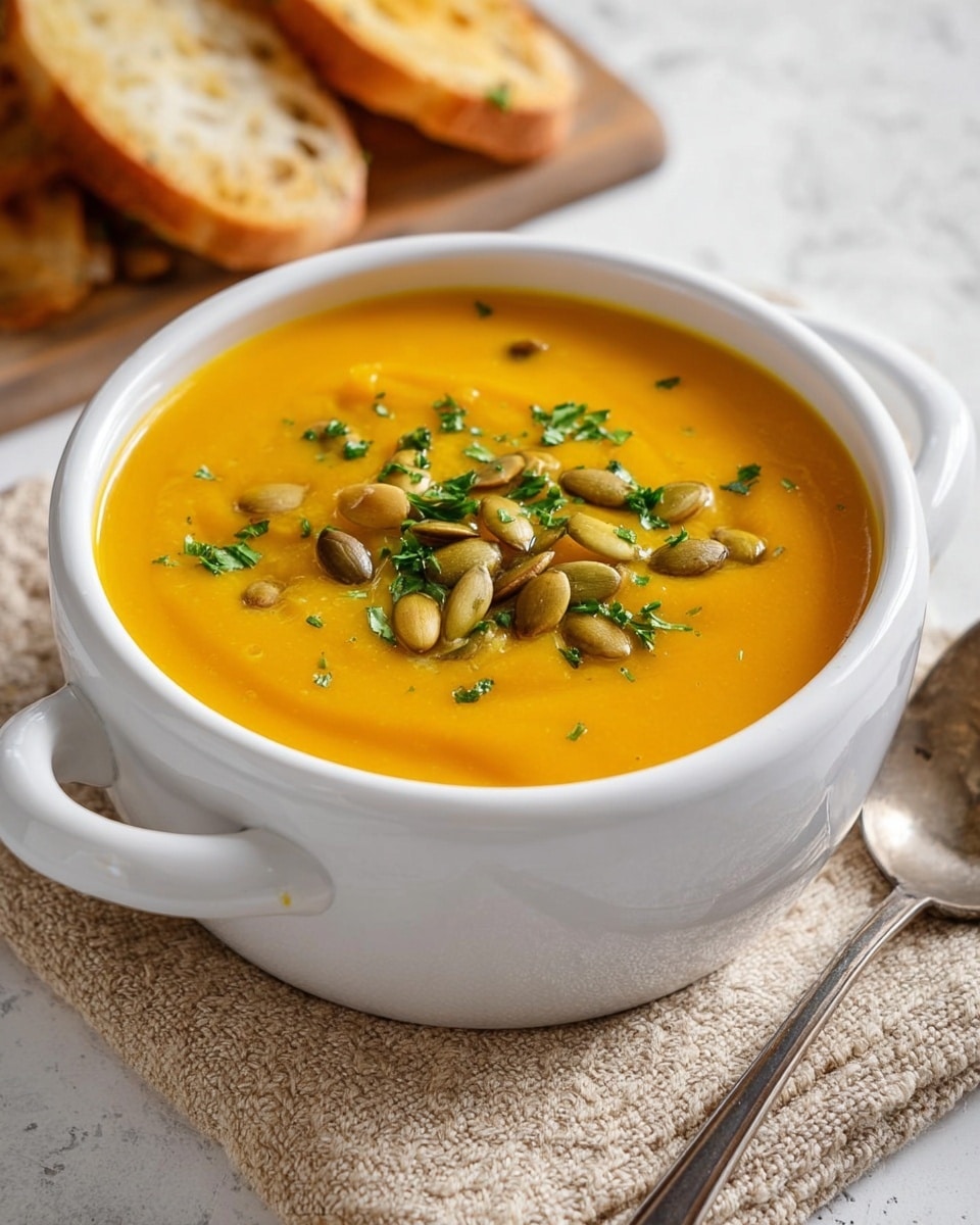 A white bowl with two handles holds thick, smooth orange pumpkin soup, topped with light brown pumpkin seeds and green parsley bits finely chopped, placed in the center of the soup's surface. The bowl sits on a beige woven placemat on a white marbled texture surface. To the right, there is a silver spoon with a slightly tarnished look, and in the background, blurred slices of toasted bread rest on a wooden cutting board. The light is soft, making the soup shine gently. photo taken with an iphone --ar 4:5 --v 7