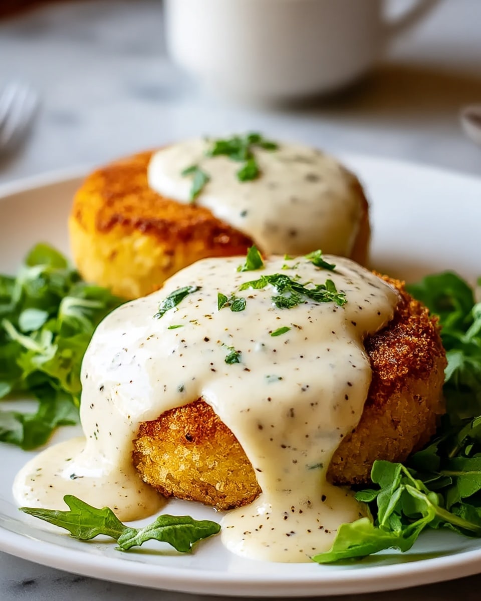 A white plate holds two golden brown patties with crispy, lightly textured surfaces. Each patty is topped with a thick layer of creamy white sauce that drips slightly down the sides, speckled with black pepper and small green herb pieces. Around the patties, small piles of fresh, bright green leafy herbs are placed, adding contrast. The setting is on a white marbled surface, and the image is softly focused in the background. Photo taken with an iphone --ar 4:5 --v 7