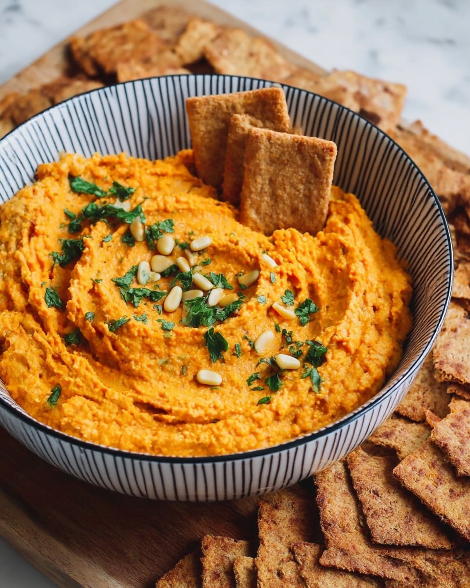 A bowl with a white base and black stripes is filled with bright orange hummus spread with a textured surface showing swirls and small peaks. The hummus is garnished with small green parsley pieces and light yellow pine nuts scattered on top. Three rectangular, golden-brown crackers are placed upright in the hummus near the bowl edge. Surrounding the bowl on a wooden board are many more rectangular crackers with a crispy, browned texture. The whole setup is on a white marbled texture surface. photo taken with an iphone --ar 4:5 --v 7