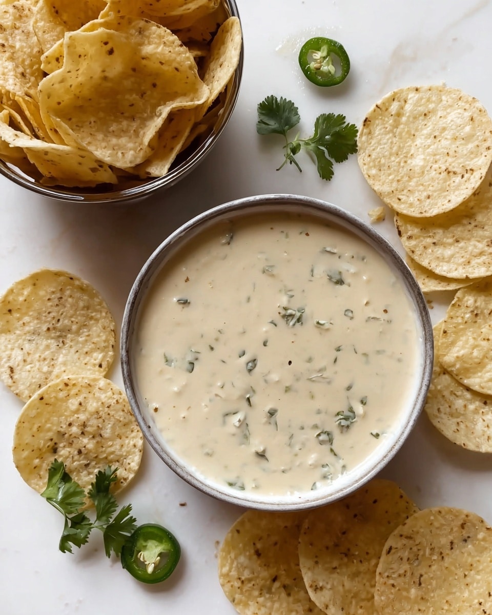 A bowl filled with creamy light beige dip that has small bits of green herbs and spices mixed inside, surrounded by round, lightly speckled white tortilla chips scattered on a white marbled textured surface. Another bowl full of more tortilla chips sits close by, showing the chips' crisp texture and slightly uneven edges. Small slices of green jalapeño and sprigs of fresh green cilantro add pops of color around the bowls. The overall scene is clean and simple, focused on the dip and chips. photo taken with an iphone --ar 4:5 --v 7