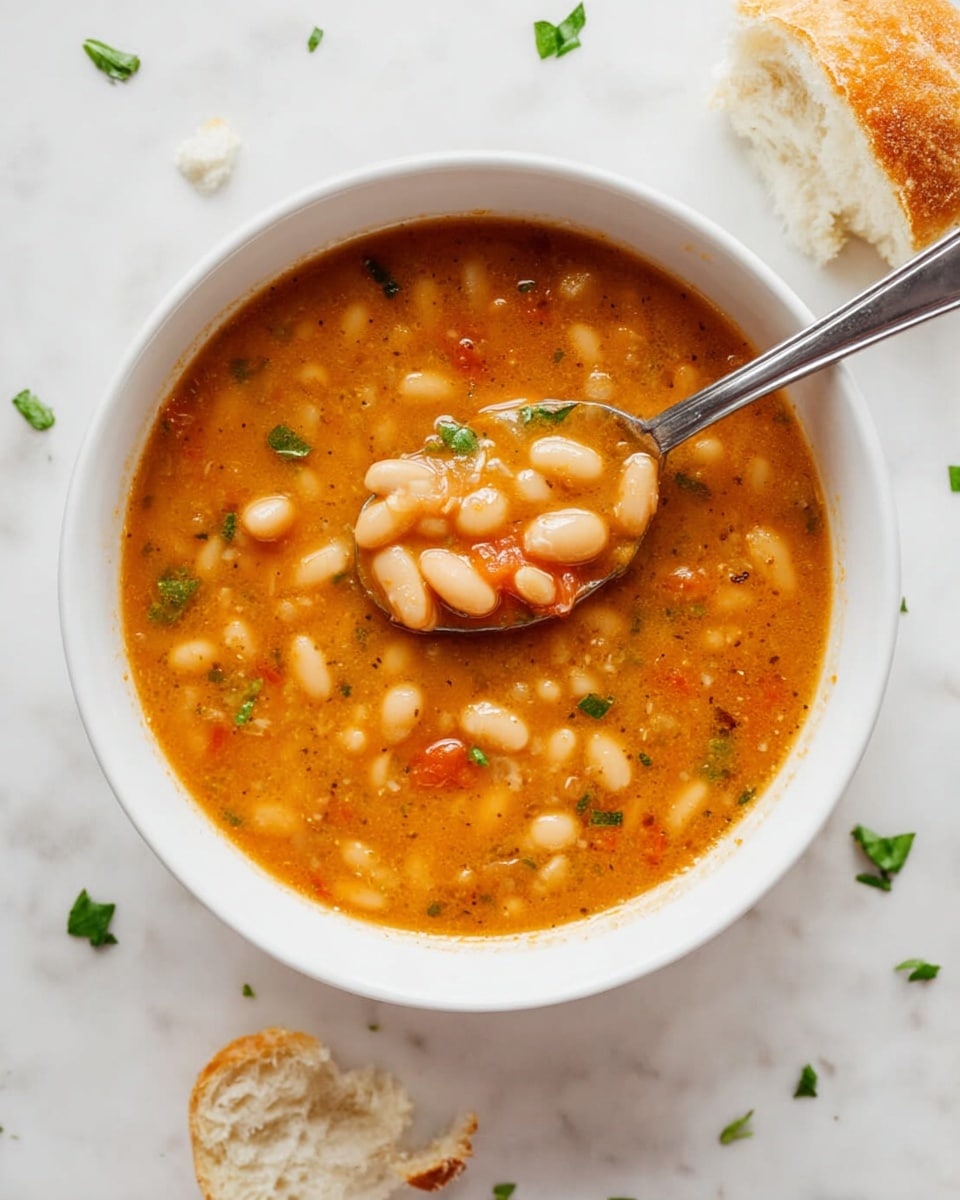 The image shows a white bowl filled with a warm, orange-brown soup that has many small white beans throughout. The soup has a slightly thick texture with visible small pieces of green herbs and bits of tomato. A silver spoon rests inside the bowl, scooping up some of the beans and soup, slightly lifting it above the bowl. Around the bowl are small torn pieces of white bread and scattered green herb leaves on a white marbled surface. photo taken with an iphone --ar 4:5 --v 7