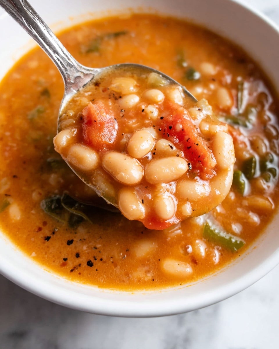 A close-up of a white bowl filled with thick bean soup that has a rich orange-brown broth. The soup contains many small white beans, pieces of green vegetables, and chunks of red tomato evenly mixed throughout. A metal spoon lifts a scoop of the soup showing the beans and vegetables coated in the smooth, slightly glossy broth. There are small black pepper specks sprinkled on the surface. The bowl is set on a white marbled surface. photo taken with an iphone --ar 4:5 --v 7