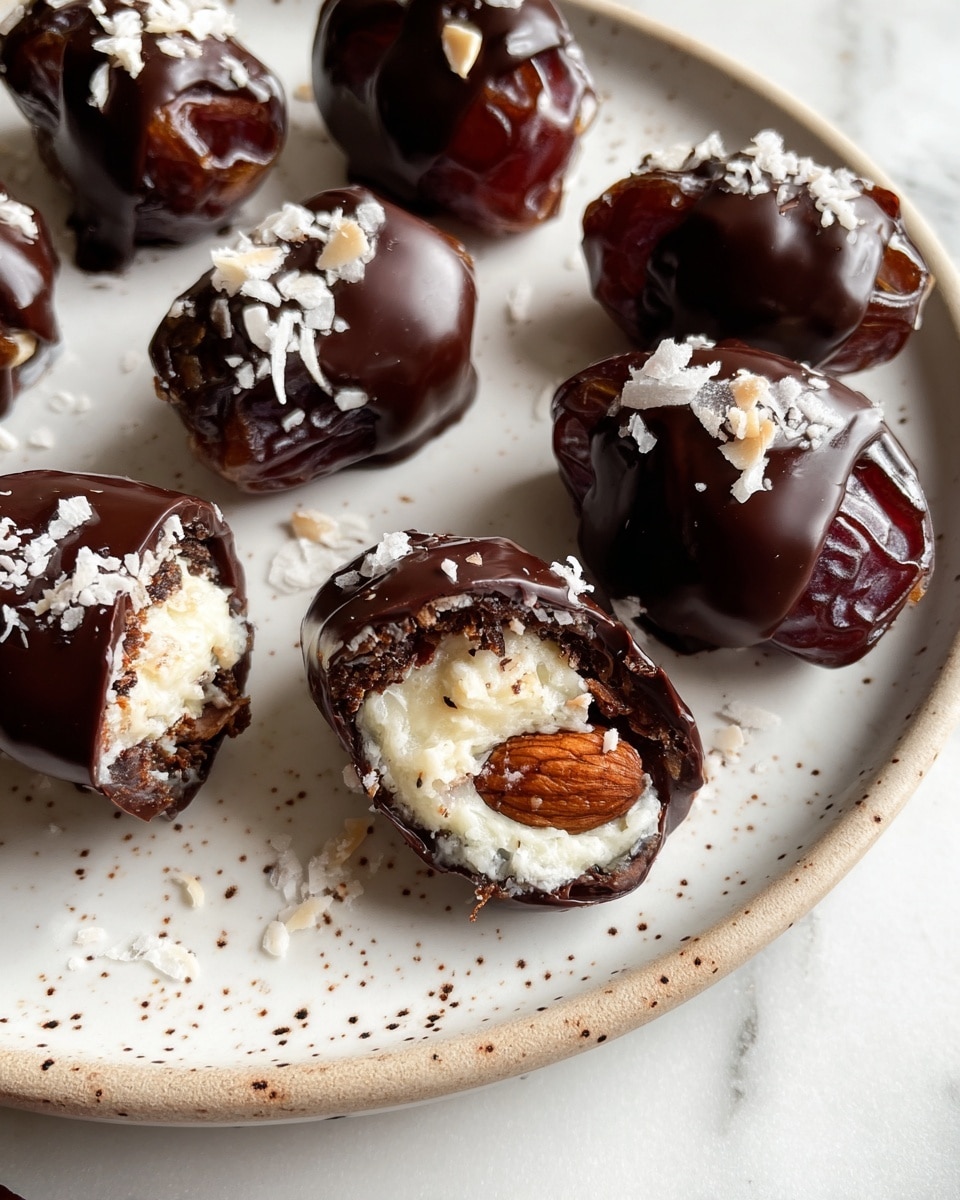 The image shows several stuffed dates arranged on a white plate with small brown specks, placed on a white marbled surface. Each date is split open and filled with a white, creamy coconut filling, topped with a whole almond. The dates are partially coated in smooth, glossy dark chocolate, which drips slightly onto the plate. Some of the chocolate-covered dates have small flakes of shredded coconut sprinkled on top. One date is cut in half, revealing a rich dark brown inside with visible white coconut cream and the almond in the center. The lighting highlights the shine of the chocolate and the textures of the soft dates and creamy filling. Photo taken with an iphone --ar 4:5 --v 7