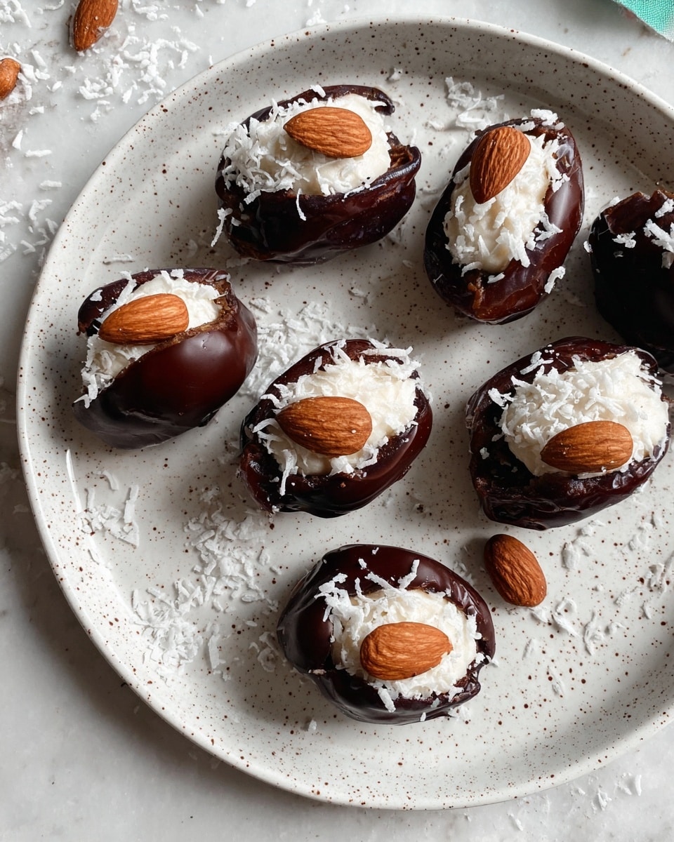 On a round white speckled plate, there are seven dark brown dates, each sliced open and stuffed with a white creamy filling. Some of the dates are half covered with a shiny, smooth layer of melted dark chocolate, while others show mostly the white filling. Each date is topped with a whole light brown almond placed neatly in the filling. Small white coconut flakes are sprinkled lightly over the dates and the plate, adding texture. The setting has a white marbled surface in soft natural light. photo taken with an iphone --ar 4:5 --v 7