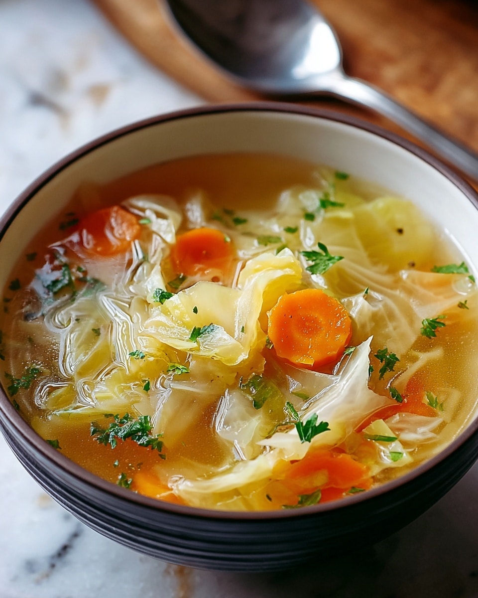 The image shows a close-up of a bowl of vegetable soup in a white bowl with a dark rim. The soup has a clear broth with layers of soft, pale yellow cabbage leaves and bright orange carrot slices floating on top. Small green parsley pieces are scattered across the surface. The soup is well-lit, showing the glossy texture of the broth and gentle steam rising. The bowl sits on a wooden surface with a white marbled texture in the background. A shiny silver spoon is placed near the bowl. photo taken with an iphone --ar 4:5 --v 7