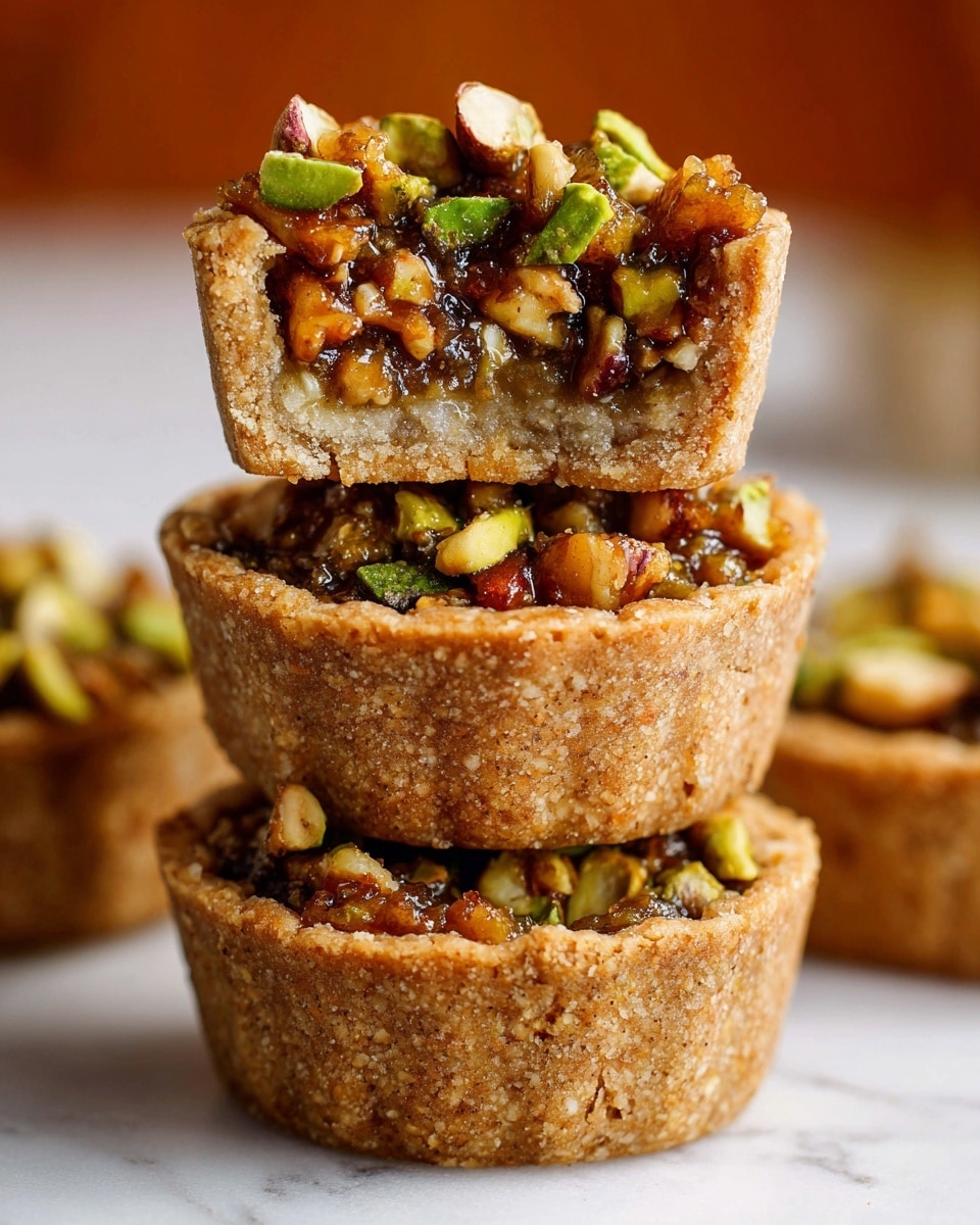 Three small tartlets are stacked on top of each other against a blurred background with warm tones. Each tartlet has a thick, crumbly light brown crust forming the base and sides. The filling consists of chopped green and brown nuts that look glossy and sticky, showing a mix of rough and smooth textures. The top tartlet is cut in half, showing a moist and grainy inside layer beneath the nuts. The tartlets sit on a white marbled surface. photo taken with an iphone --ar 4:5 --v 7