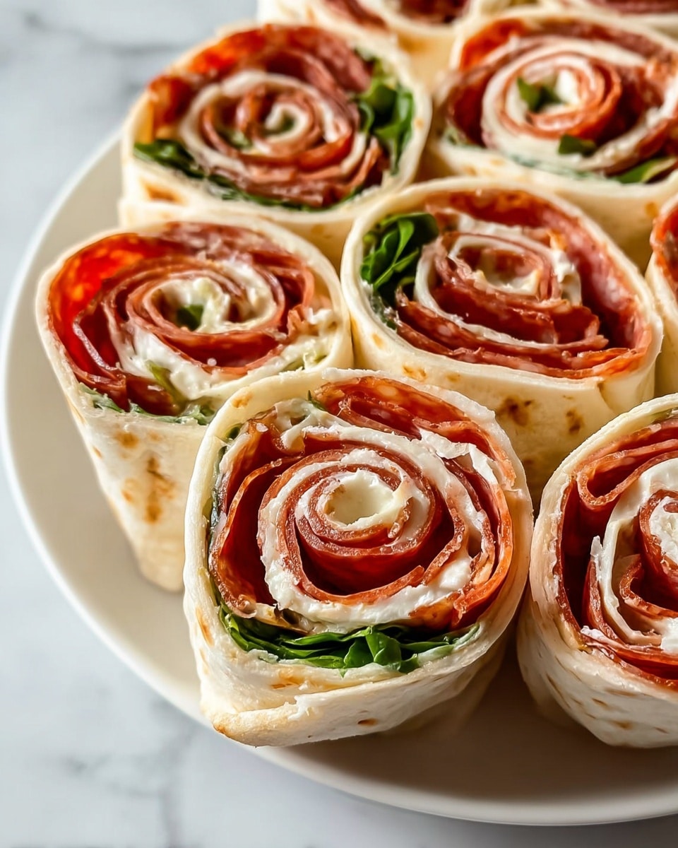 The image shows a close-up of several tortilla pinwheel sandwiches neatly arranged on a white plate placed on a white marbled surface. Each sandwich has multiple layers: a soft, pale beige tortilla wrap on the outside, vibrant dark green leafy lettuce inside near the edge, followed by bright red slices of pepperoni or similar cured meat spiraled tightly. Between the meat and tortilla, there is a creamy white cheese spread with a slightly smooth texture, giving the appearance of concentric circular layers. The sandwiches look fresh, with a glossy and moist look on the meat and cheese, and the edges of the tortillas are slightly textured but soft. photo taken with an iphone --ar 4:5 --v 7