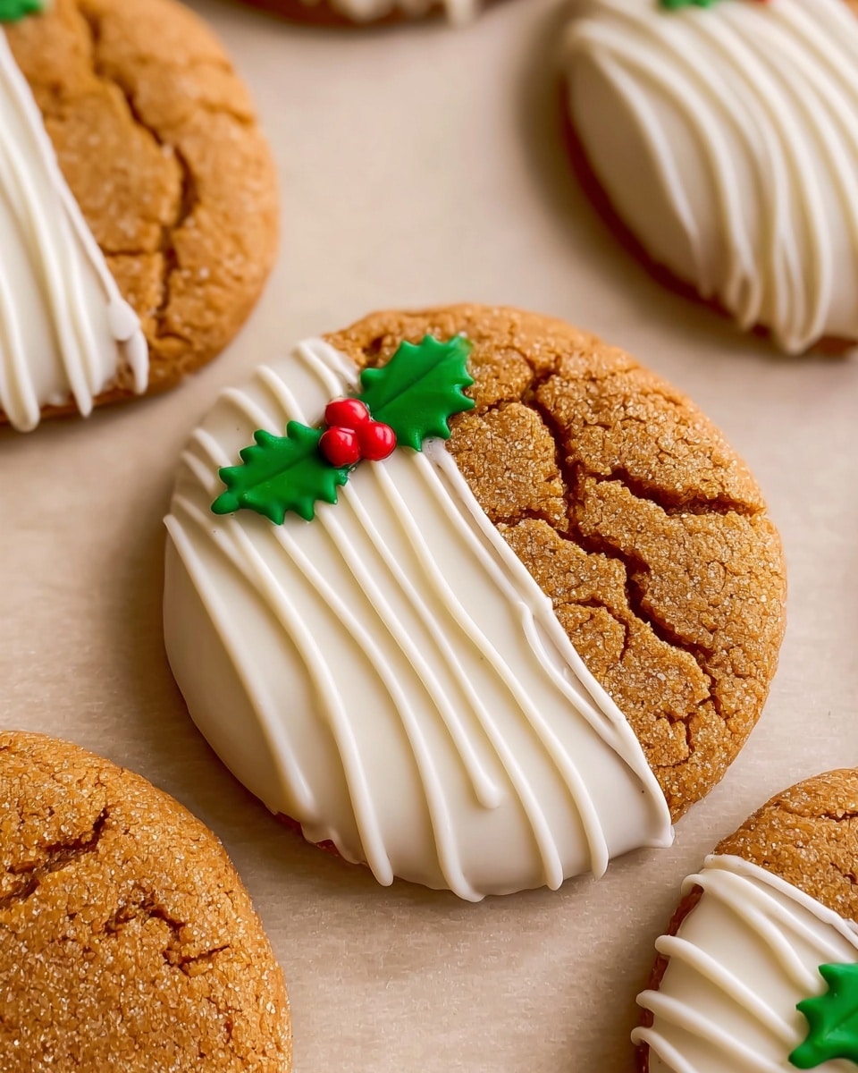 The image shows several round ginger cookies arranged on a beige surface, each cookie half-dipped in smooth white icing that covers the bottom portion. On top of the white icing, a drizzle of thicker white icing is zigzagged across, adding texture. One cookie in focus also features a small decoration made of two green holly leaves and a red berry placed near the edge of the dipped side. The cookies have a golden-brown color with a slightly cracked surface texture, giving them a fresh-baked look. photo taken with an iphone --ar 4:5 --v 7