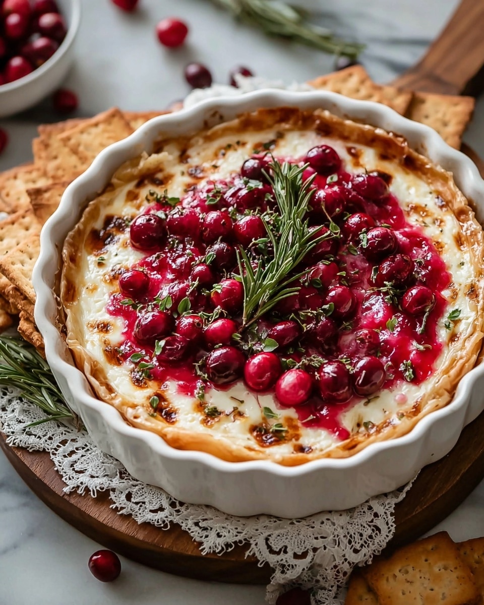 A white scalloped pie dish holds a tart with three visible layers: a golden-brown flaky crust at the bottom, a creamy white cheese layer in the middle with some browned spots from baking, and a topping layer of bright red fresh cranberries mixed with a glossy cranberry sauce that drips slightly into the cheese. A sprig of fresh green rosemary sits in the center, surrounded by small green herb leaves scattered on top. The tart is placed on a wooden board with a white lace cloth partially underneath, and there are extra cranberries and some brown toasted bread slices around it, all set on a white marbled surface. photo taken with an iphone --ar 4:5 --v 7