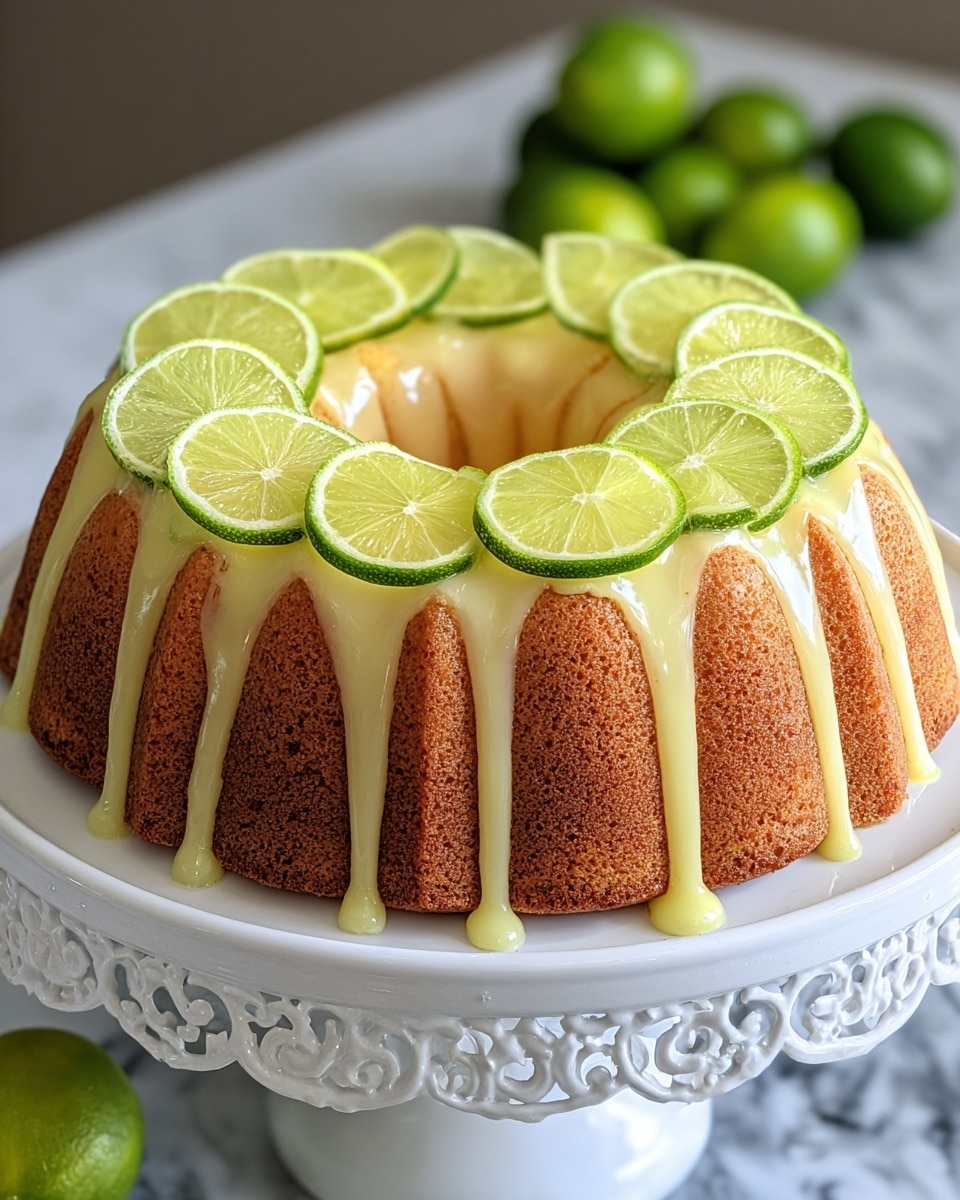 The image shows a single-layer bundt cake with a golden-brown texture, sitting on a white ornate cake stand. The cake is topped with a smooth, light yellow glaze that drips down its ridged sides evenly. Around the top edge of the cake, thin slices of bright green lime are placed upright, forming a decorative ring. The cake stand is on a white marbled surface with blurred green limes in the background, adding freshness to the scene. photo taken with an iphone --ar 4:5 --v 7