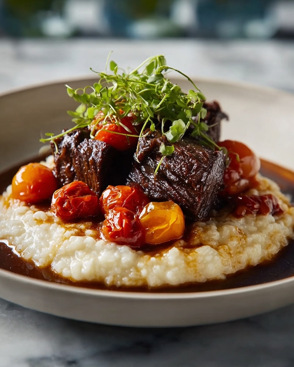 A round layer of creamy, white risotto with a soft, slightly textured surface forms the base on a white plate; on top of this is a rich, dark-brown braised meat cut into thick, chunky pieces with a tender texture. Surrounding the meat are several small, glossy cherry tomatoes in red and orange shades, mixed with some dark brown sauce that is slightly thick and glossy, pooling gently around the risotto. Fresh, bright green herb sprigs are placed on top of the meat and tomatoes, adding a lively contrast. The white plate sits on a white marbled texture surface. photo taken with an iphone --ar 4:5 --v 7