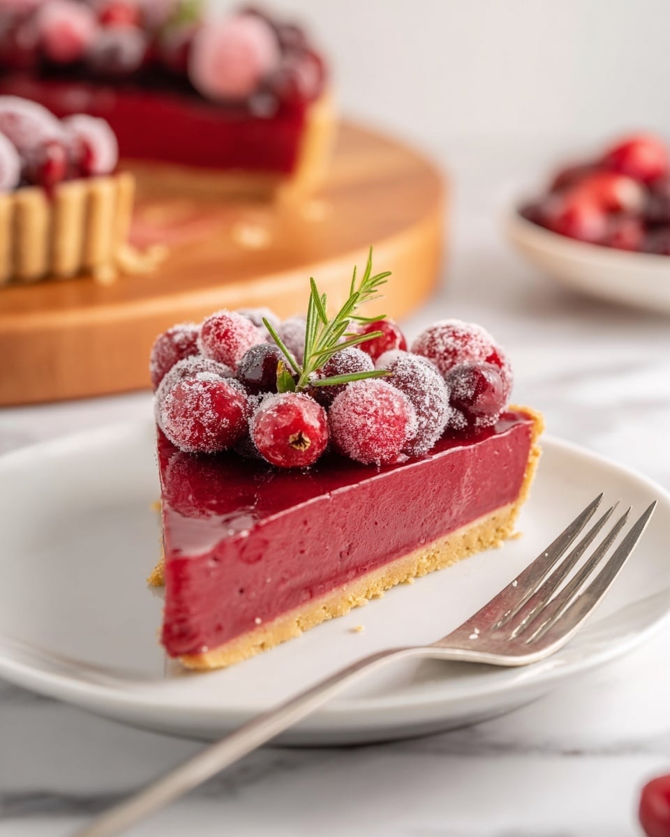 A slice of red fruit tart sits on a white plate with a thin, golden crust as the base layer. On top is one smooth, thick layer of glossy, deep red fruit filling. The top layer features a mix of fresh and sugared cranberries in bright and frosted reds, along with a small sprig of green rosemary placed in the center. A silver fork with a piece of the tart rests on the plate’s edge. The background shows a blurred whole tart on a wooden board, all set on a white marbled surface. photo taken with an iphone --ar 4:5 --v 7
