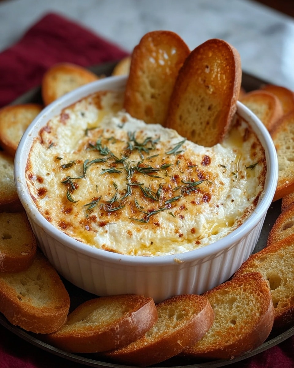 A white round ceramic dish filled with a creamy, lightly browned cheese dip that has a smooth and slightly bubbly texture on top. The top layer is golden with slight crisp spots and is sprinkled with thinly sliced green herbs. Two crisp, toasted round bread slices are standing inside the dish at the back. Around the dish, several more toasted bread slices are arranged on a dark round tray. The scene is placed on a white marbled texture surface with a dark red cloth near the dish. Photo taken with an iphone --ar 4:5 --v 7