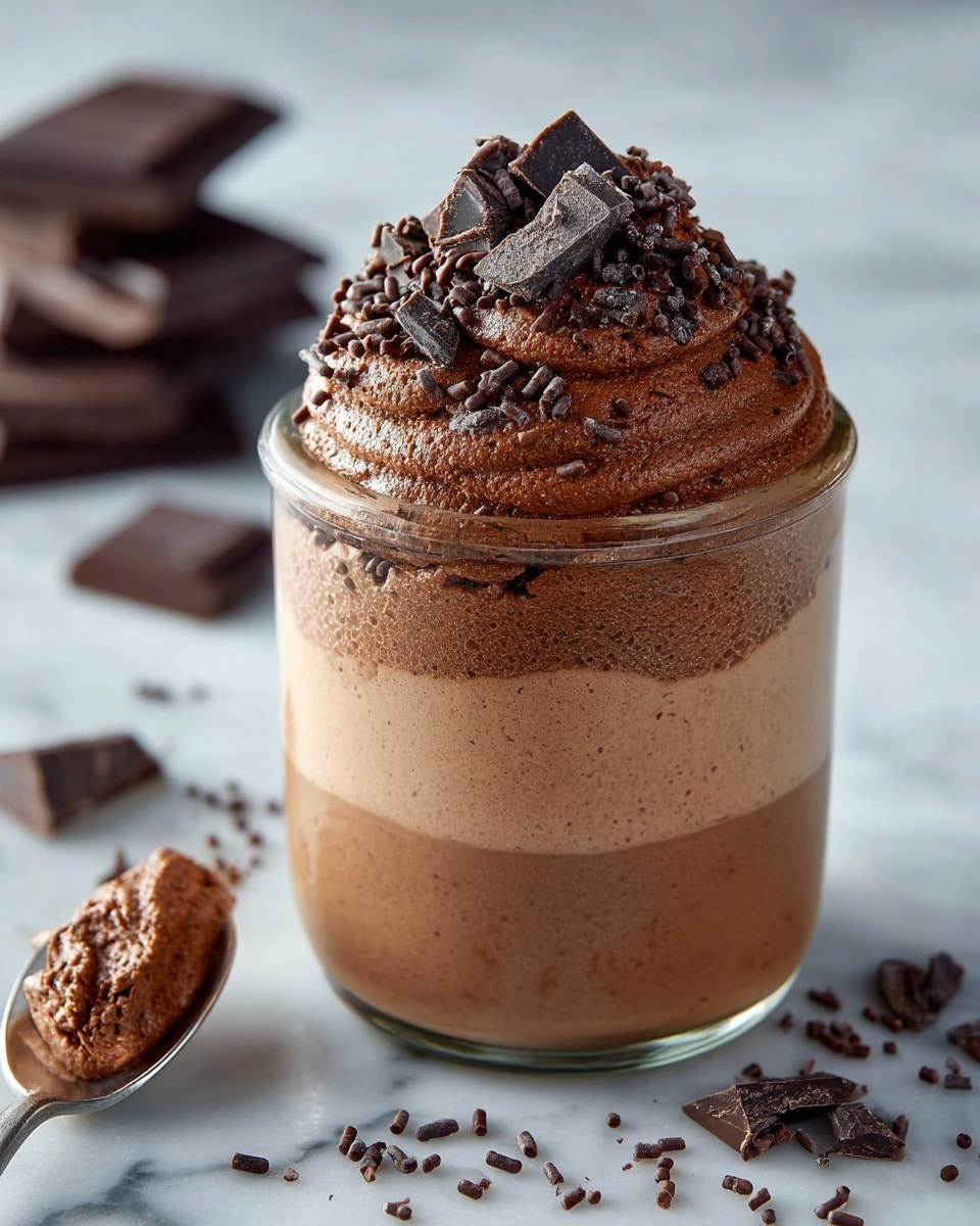 A clear glass jar filled with two layers of creamy chocolate mousse, light brown and smooth in texture, topped with a mound of slightly darker and fluffier chocolate mousse that spills softly over the edge. The top layer is covered with irregular chunks of dark chocolate and small chocolate sprinkles. The jar sits on a white marbled surface with scattered small pieces of chocolate around it. In the background, a blurry spoonful of chocolate and a stack of dark chocolate pieces add depth to the image. photo taken with an iphone --ar 4:5 --v 7