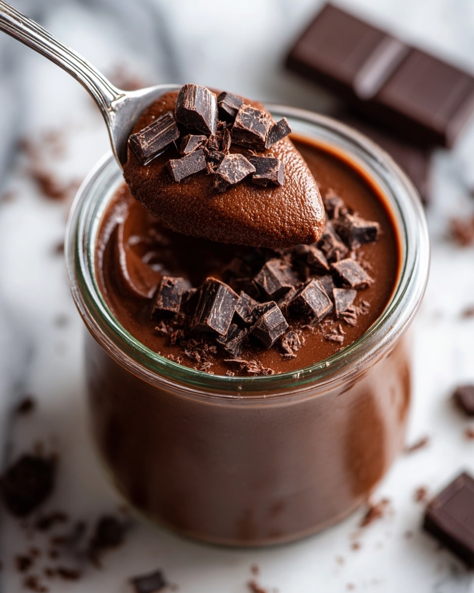 A close-up of a glass jar filled with smooth, rich chocolate pudding topped with small and medium chunks of dark chocolate, showing a thick and creamy texture. The pudding is dark brown and glossy, with the chocolate pieces scattered on top adding texture and depth. In one image, a spoon holds a rounded scoop of the pudding, emphasizing its thick, creamy consistency and the chocolate chunks resting on it. The jar sits on a white marbled surface with some chocolate pieces scattered around. The lighting highlights the shine and softness of the pudding, creating an inviting look. photo taken with an iphone --ar 4:5 --v 7
