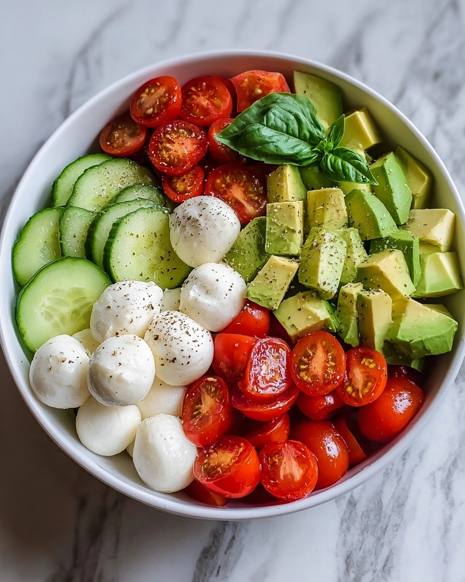 A white bowl filled with five distinct layers arranged side by side: bright green round cucumber slices on the bottom left, topped with a small green basil leaf; next to that, a cluster of smooth white mozzarella balls sprinkled with black pepper; in the center right, shiny red grape tomatoes; above the tomatoes, diced pale green avocado cubes sprinkled lightly; and on the top left, halved red cherry tomatoes glistening with moisture. Another green basil leaf rests on top near the avocado. The bowl is on a white marbled surface. photo taken with an iphone --ar 4:5 --v 7